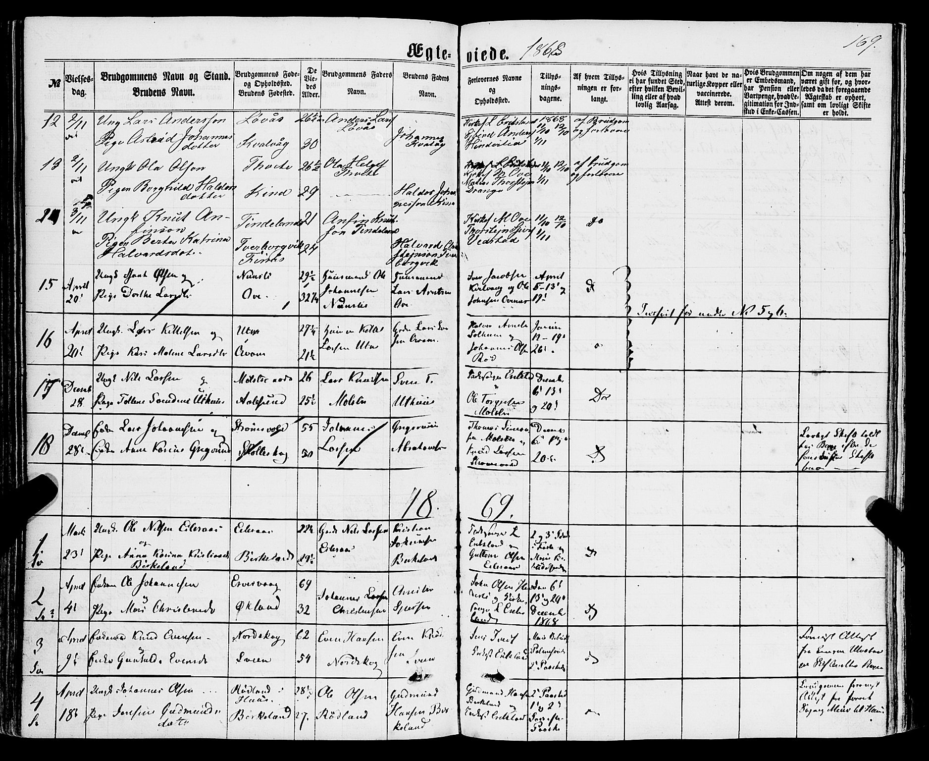 Sveio Sokneprestembete, SAB/A-78501/H/Haa: Parish register (official) no. A 1, 1861-1877, p. 169