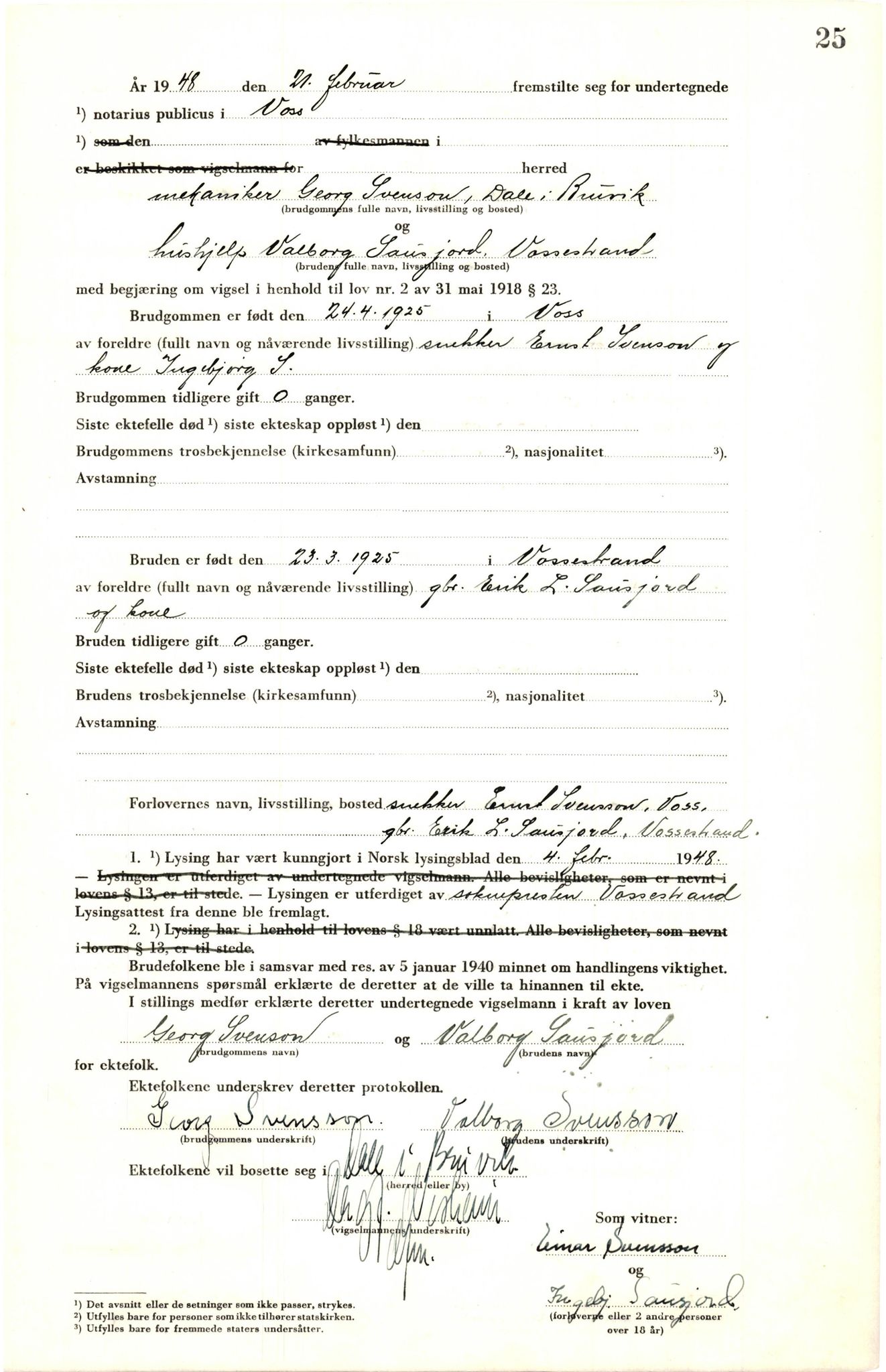 Voss sorenskrivar, AV/SAB-A-2701/M/Maa/L0003: Vigselbok, 1945-1969, p. 25