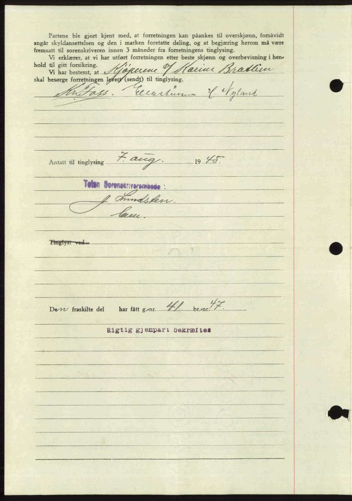 Toten tingrett, SAH/TING-006/H/Hb/Hbc/L0013: Mortgage book no. Hbc-13, 1945-1945, Diary no: : 1103/1945
