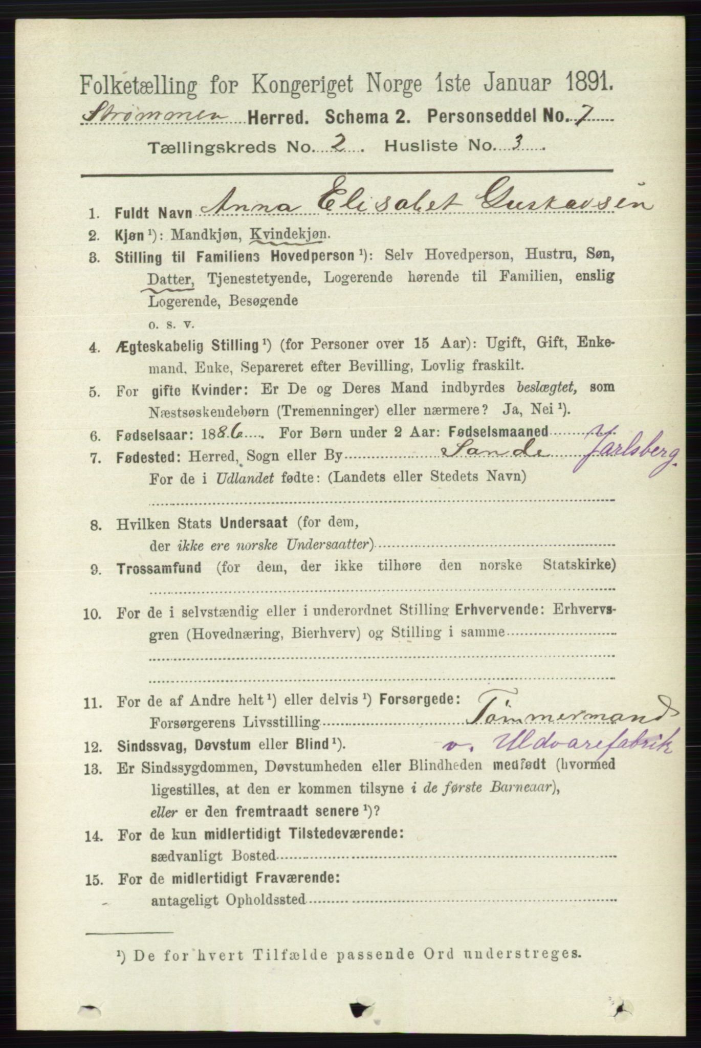 RA, 1891 census for 0711 Strømm, 1891, p. 712