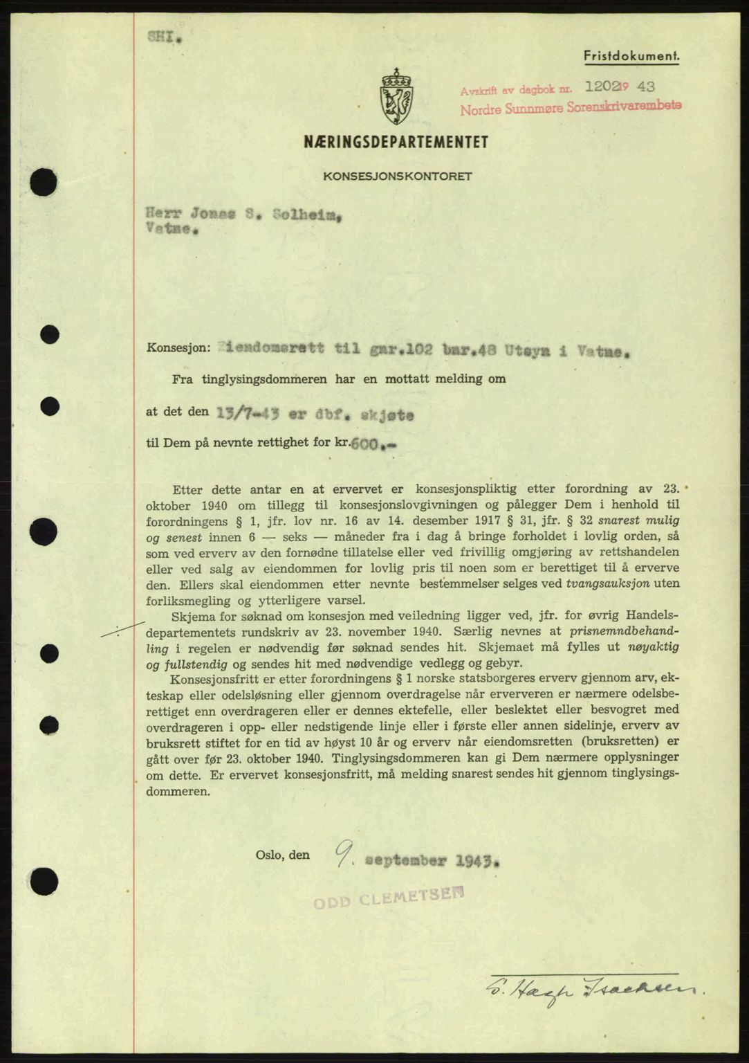 Nordre Sunnmøre sorenskriveri, SAT/A-0006/1/2/2C/2Ca: Mortgage book no. B6-14 a, 1942-1945, Diary no: : 1202/1943