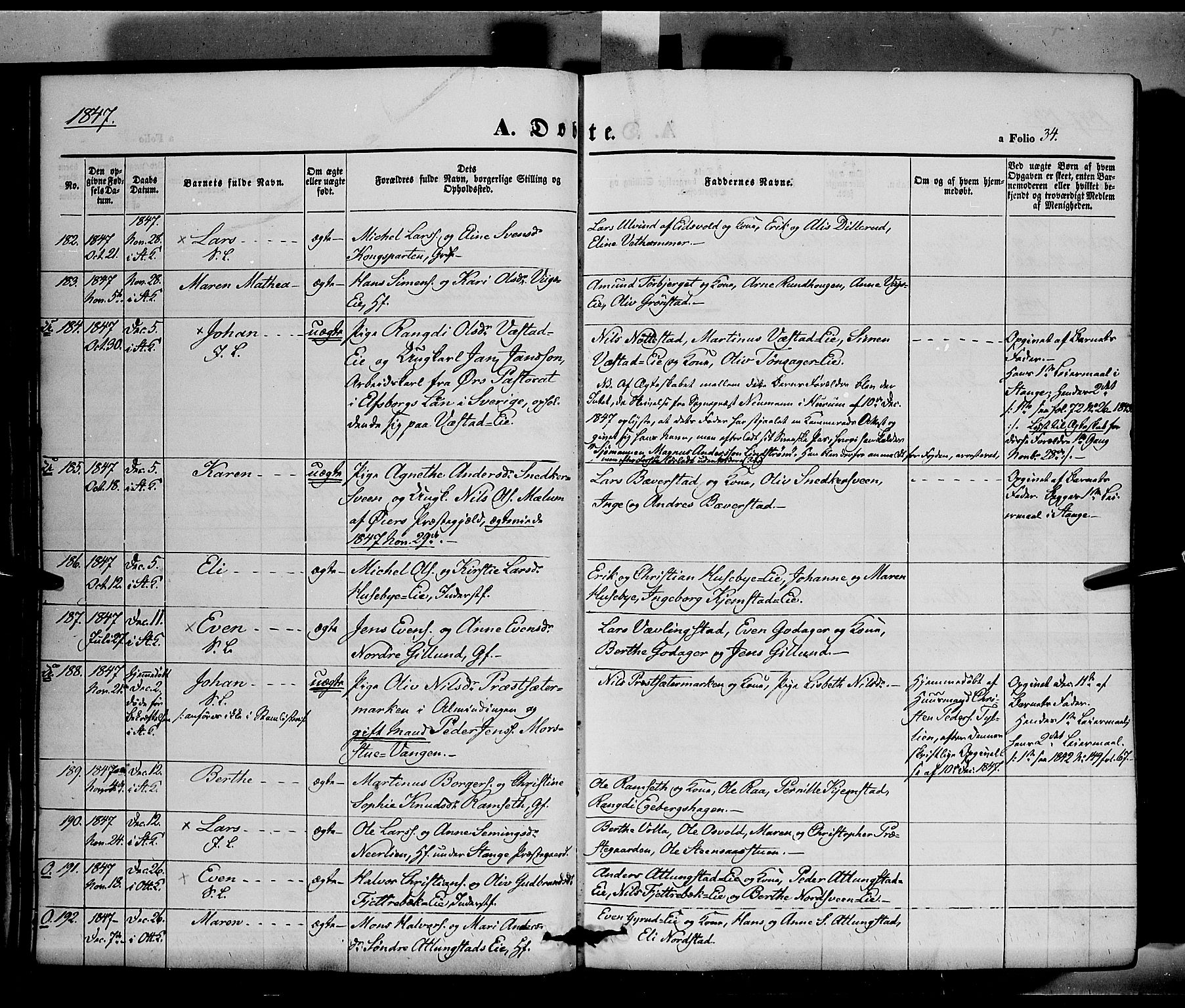 Stange prestekontor, SAH/PREST-002/K/L0011: Parish register (official) no. 11, 1846-1852, p. 34