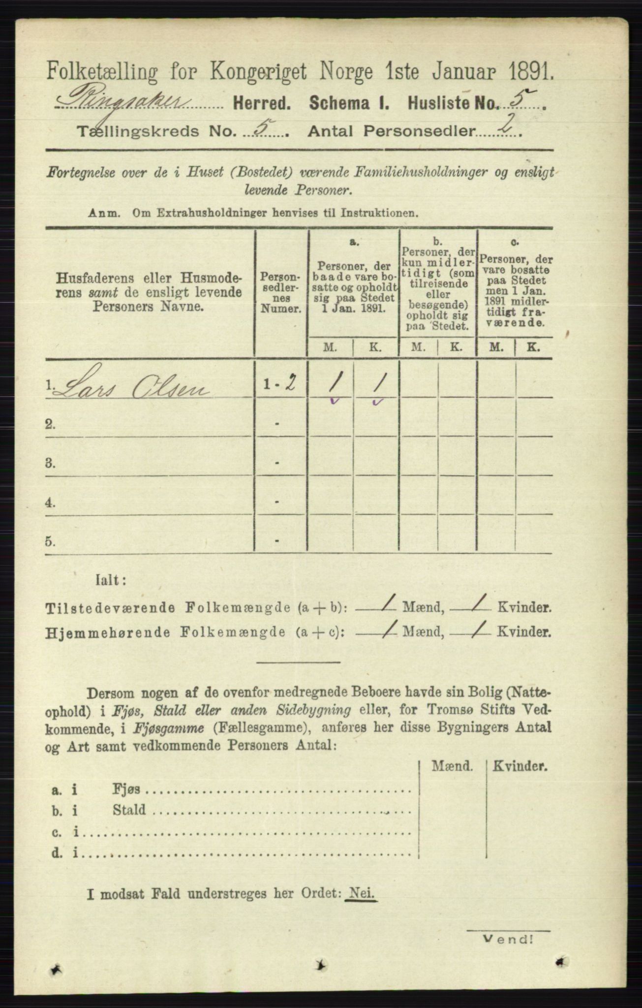 RA, 1891 census for 0412 Ringsaker, 1891, p. 2300