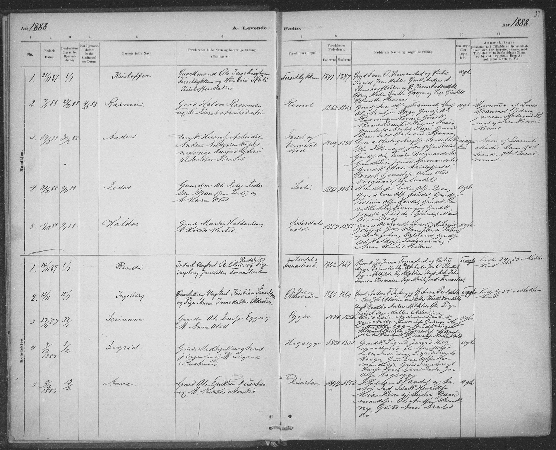 Ministerialprotokoller, klokkerbøker og fødselsregistre - Sør-Trøndelag, SAT/A-1456/691/L1085: Parish register (official) no. 691A17, 1887-1908, p. 5