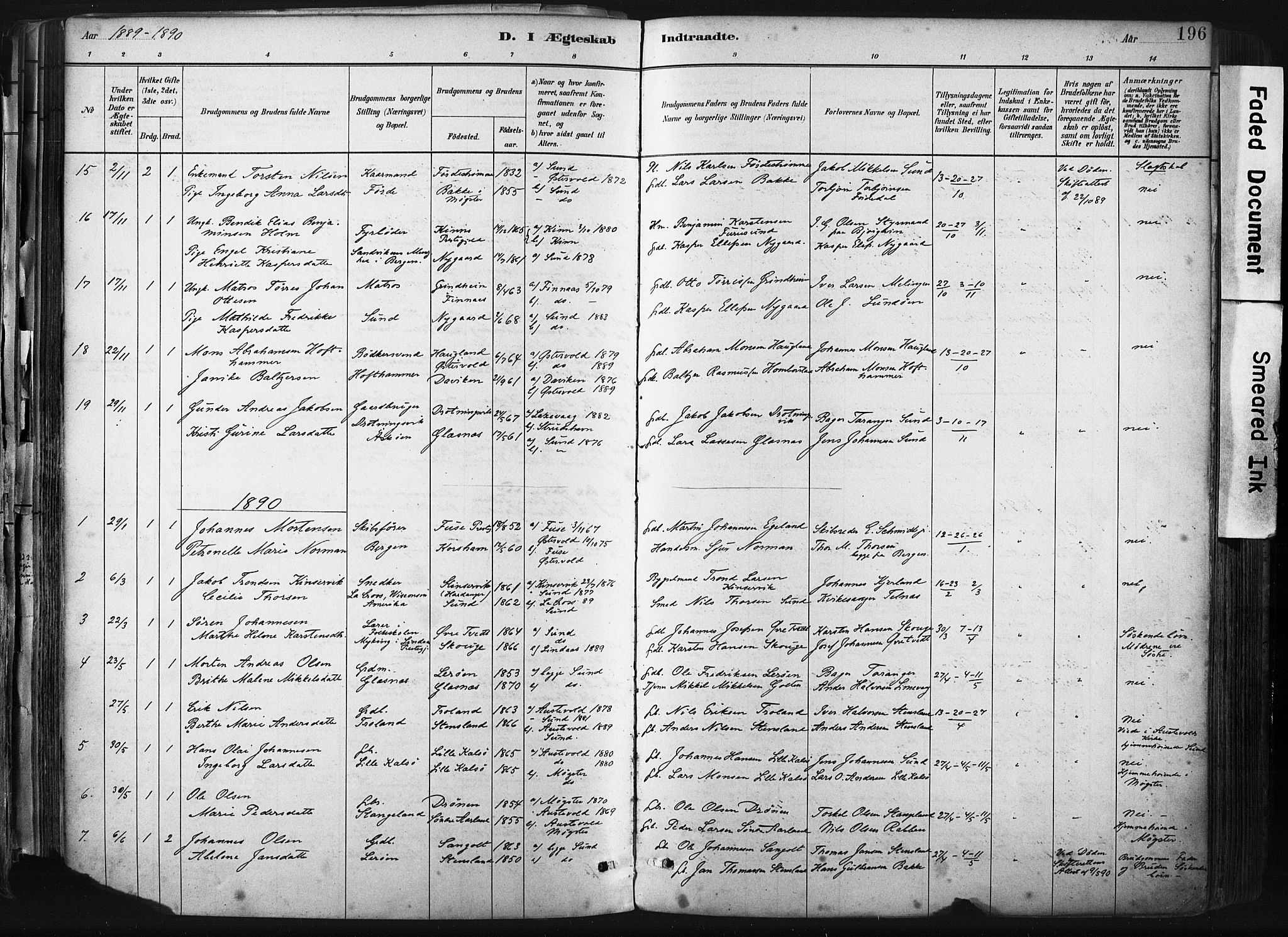 Sund sokneprestembete, AV/SAB-A-99930: Parish register (official) no. B 1, 1882-1907, p. 196