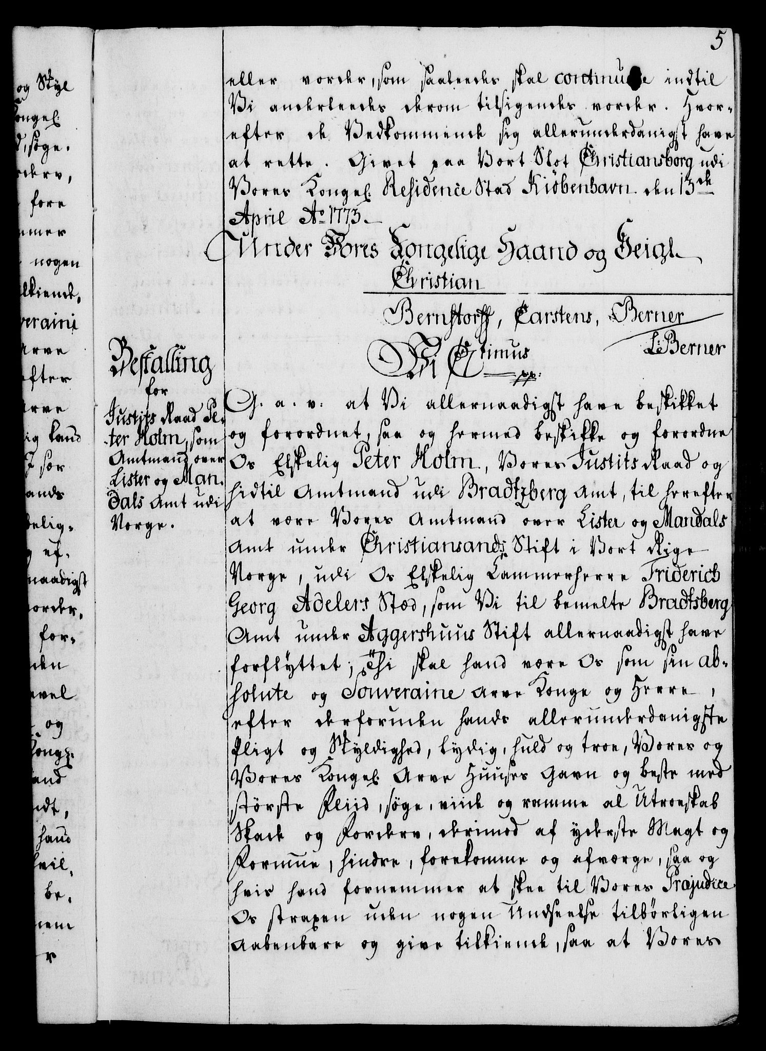 Rentekammeret, Kammerkanselliet, RA/EA-3111/G/Gg/Gge/L0006: Norsk bestallingsprotokoll med register (merket RK 53.30), 1773-1814, p. 5