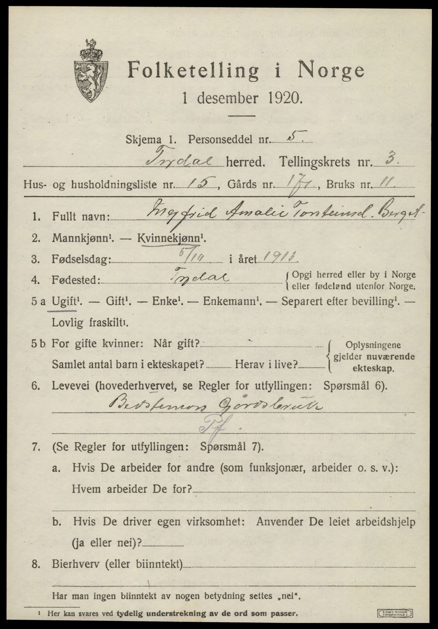 SAT, 1920 census for Tydal, 1920, p. 1047