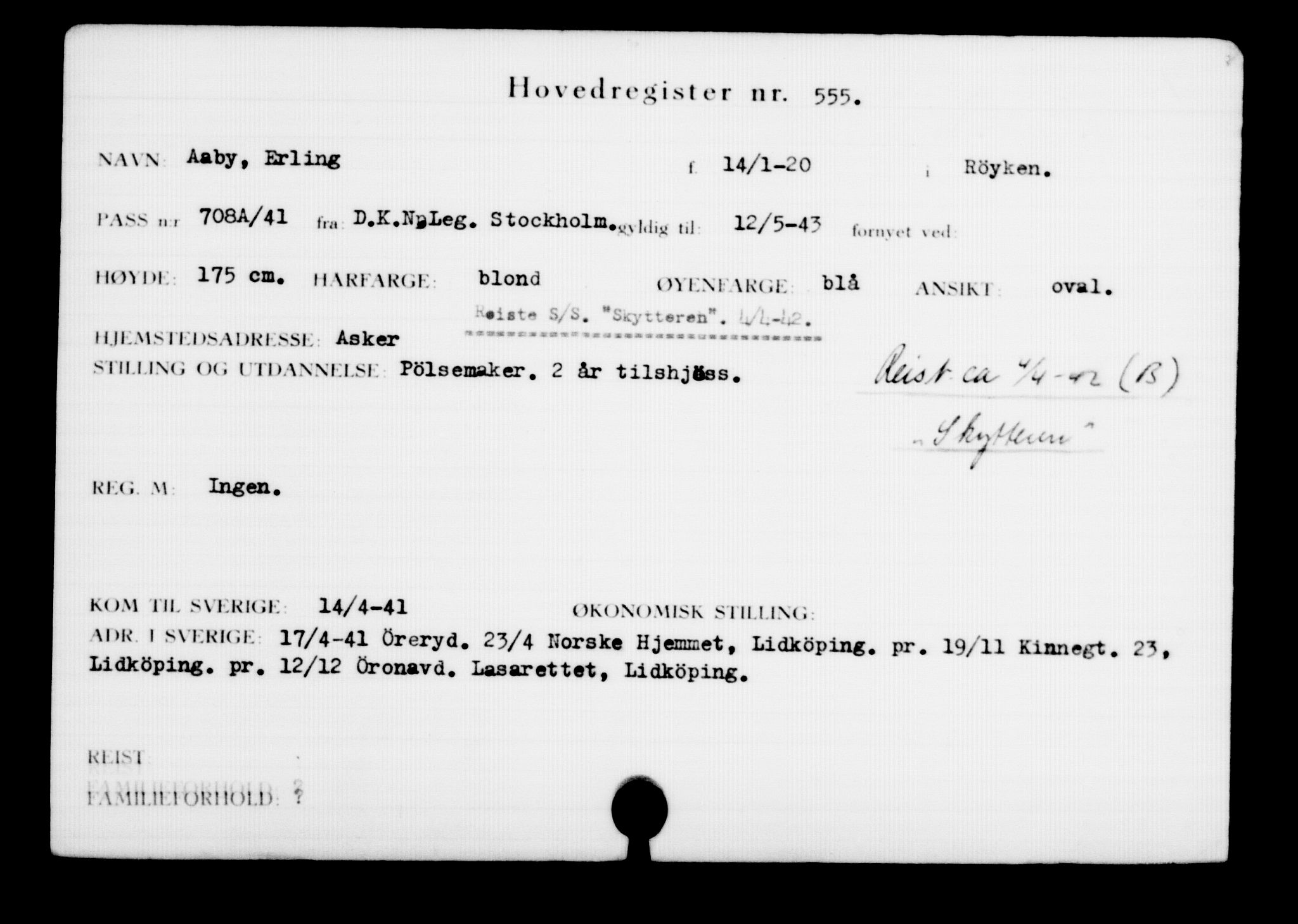 Utenriksstasjonene, Legasjonen i Stockholm, Flyktningkontoret, AV/RA-S-6753/V/Va/L0001: Kjesäterkartoteket, flyktninger med registreringsnr. 1-1000, 1940-1945, p. 863