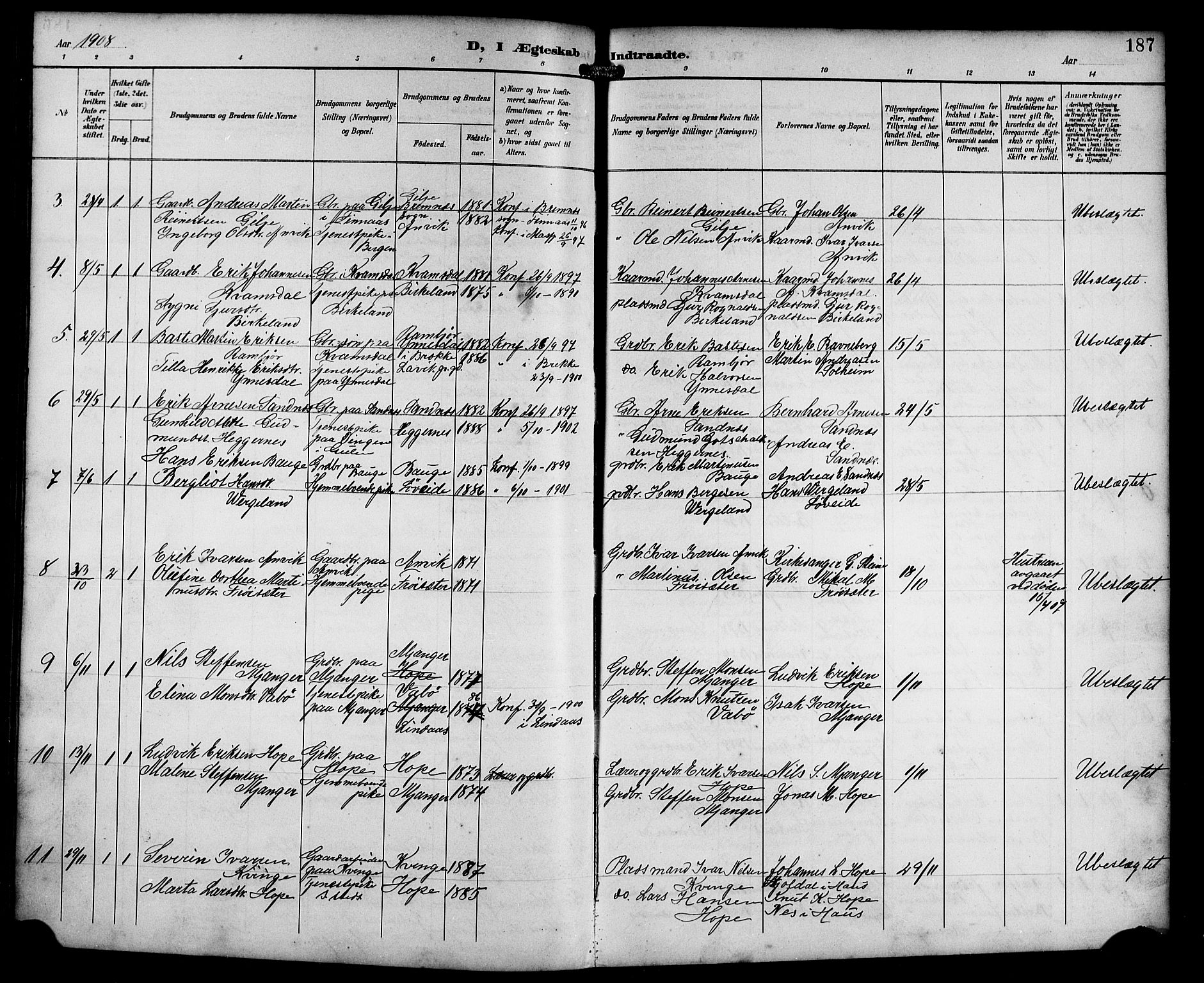 Masfjorden Sokneprestembete, SAB/A-77001: Parish register (copy) no. B 1, 1892-1913, p. 187