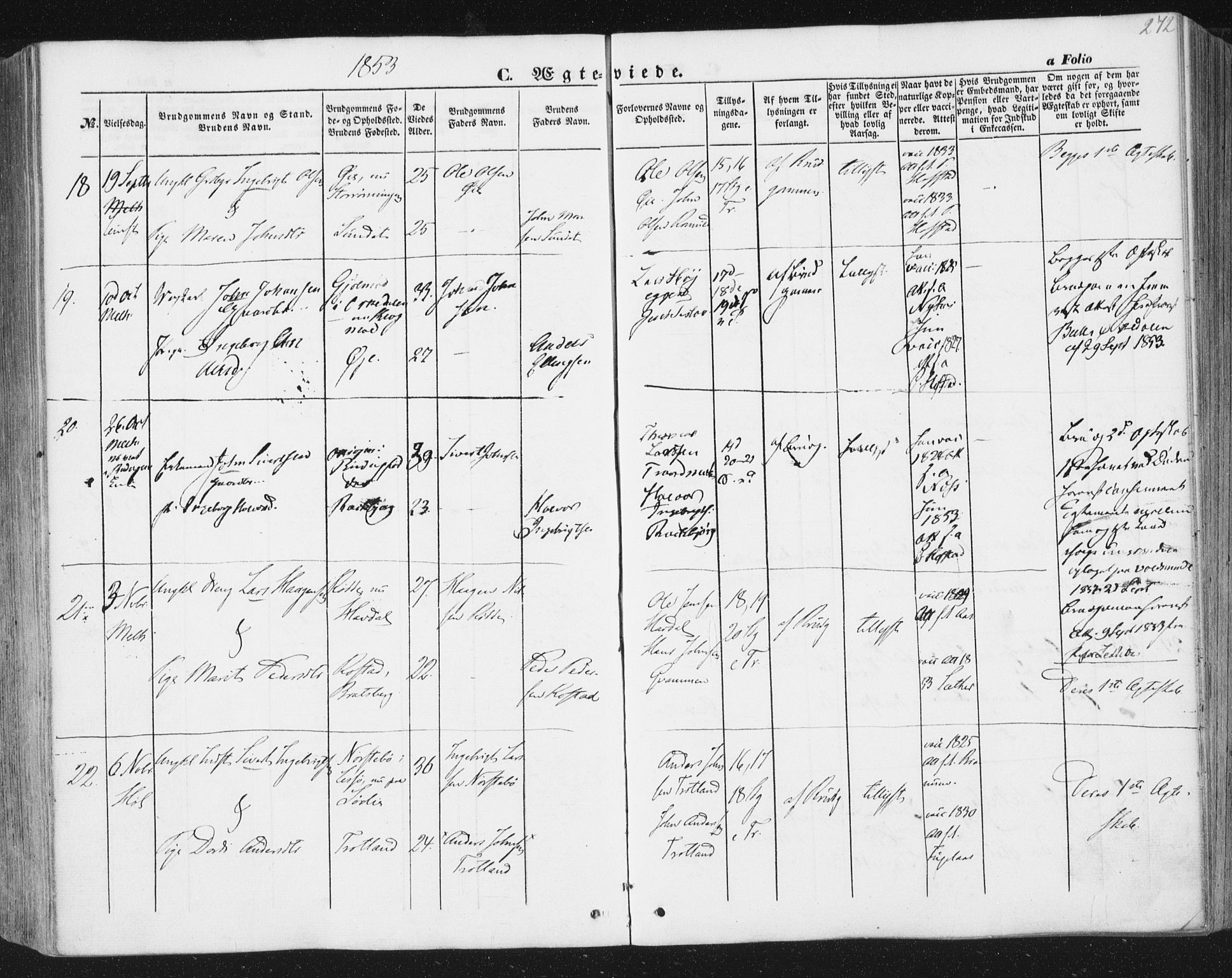 Ministerialprotokoller, klokkerbøker og fødselsregistre - Sør-Trøndelag, AV/SAT-A-1456/691/L1076: Parish register (official) no. 691A08, 1852-1861, p. 272