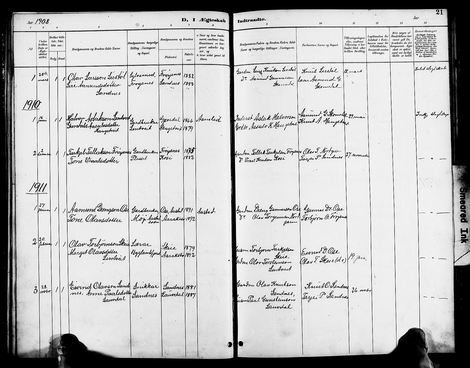 Bygland sokneprestkontor, SAK/1111-0006/F/Fb/Fbc/L0002: Parish register (copy) no. B 2, 1895-1916, p. 21