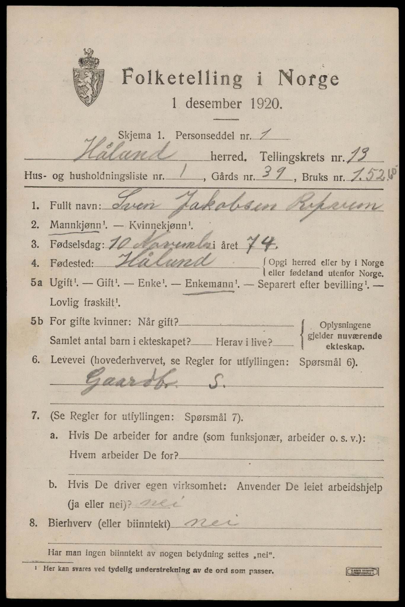 SAST, 1920 census for Håland, 1920, p. 9233