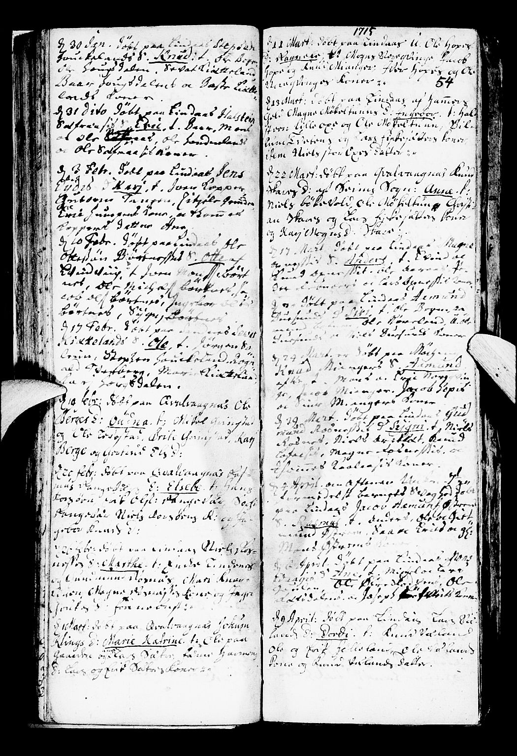 Lindås Sokneprestembete, SAB/A-76701/H/Haa: Parish register (official) no. A 1, 1699-1746, p. 54