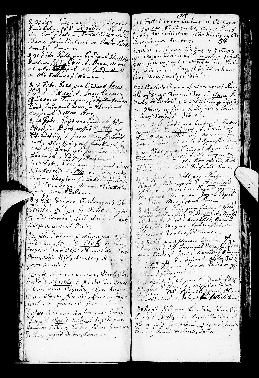 Lindås Sokneprestembete, AV/SAB-A-76701/H/Haa/Haaa/L0001: Parish register (official) no. A 1, 1699-1746, p. 54