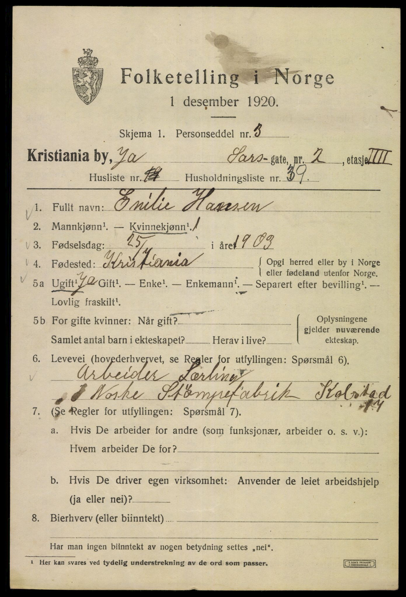 SAO, 1920 census for Kristiania, 1920, p. 486515