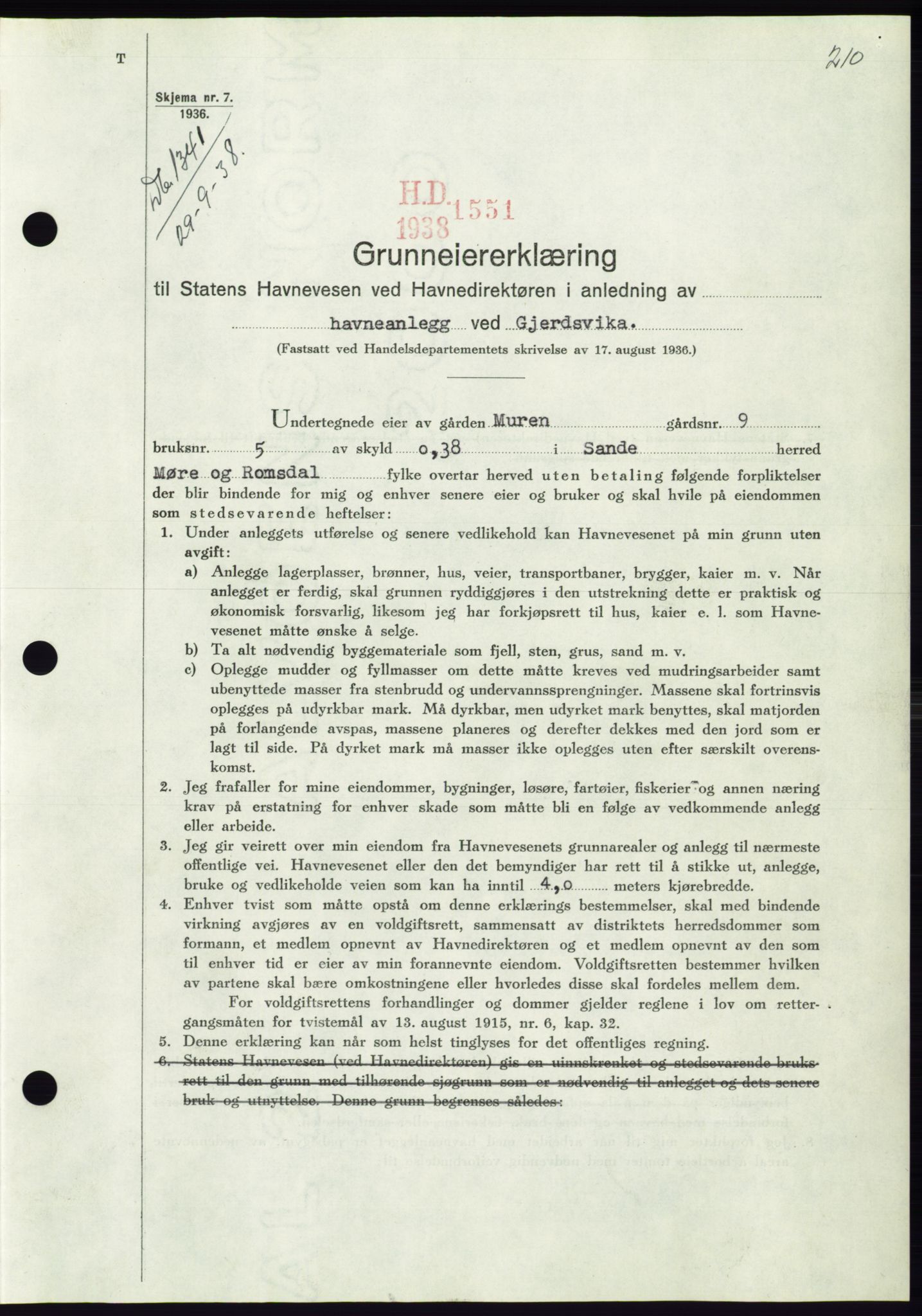 Søre Sunnmøre sorenskriveri, AV/SAT-A-4122/1/2/2C/L0066: Mortgage book no. 60, 1938-1938, Diary no: : 1341/1938