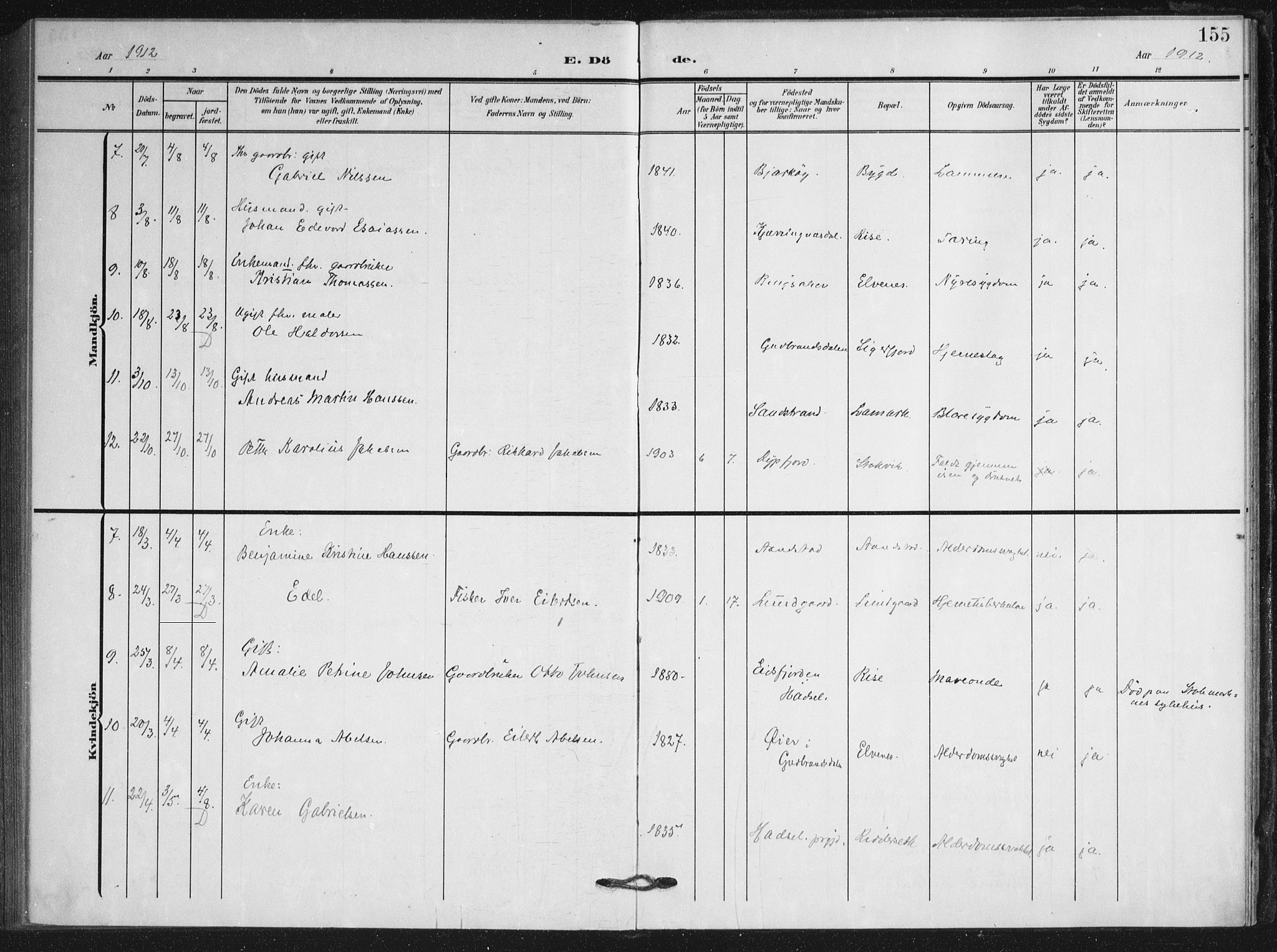 Ministerialprotokoller, klokkerbøker og fødselsregistre - Nordland, AV/SAT-A-1459/895/L1373: Parish register (official) no. 895A08, 1905-1915, p. 155