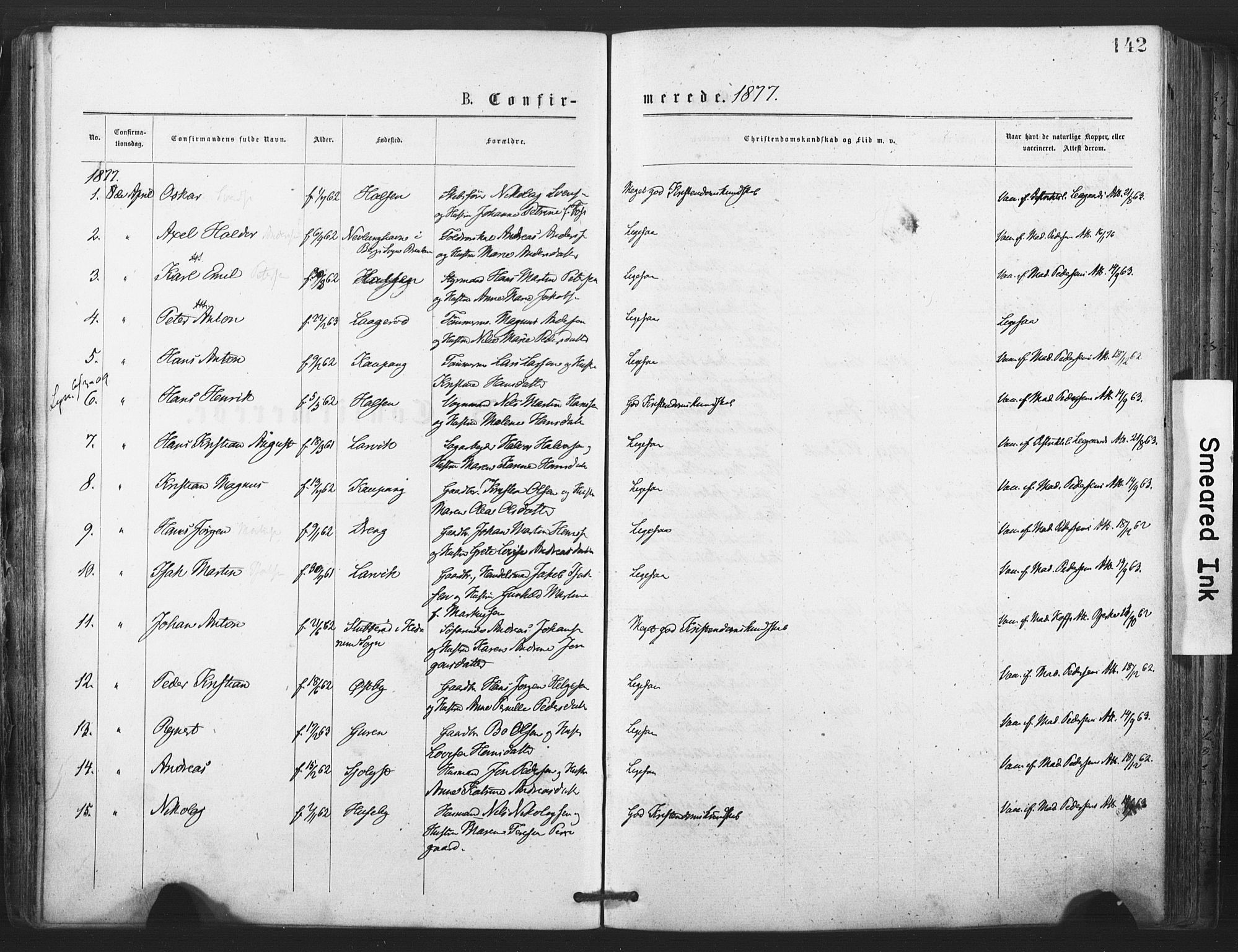 Tjølling kirkebøker, SAKO/A-60/F/Fa/L0008: Parish register (official) no. 8, 1877-1886, p. 142