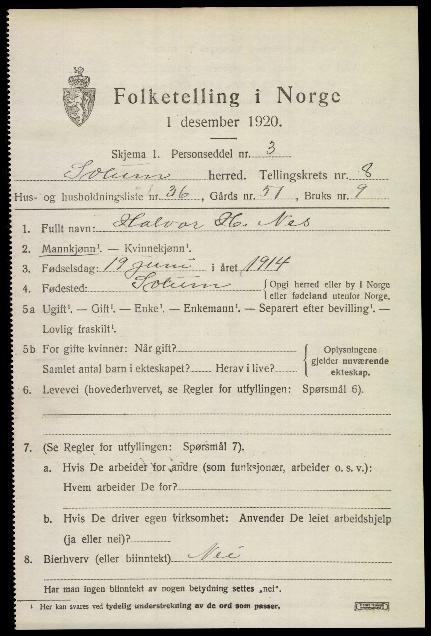 SAKO, 1920 census for Solum, 1920, p. 14634