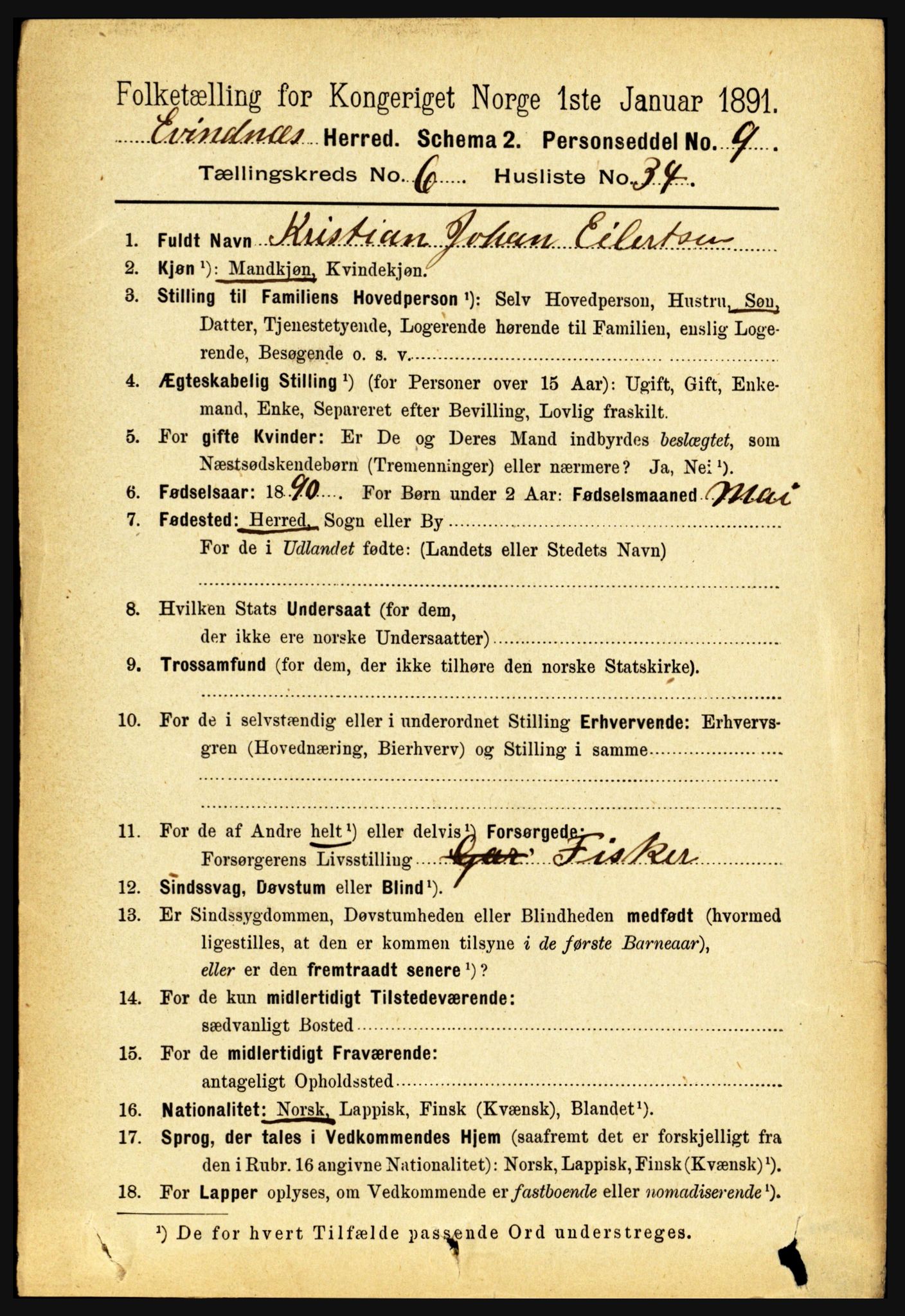 RA, 1891 census for 1853 Evenes, 1891, p. 2119