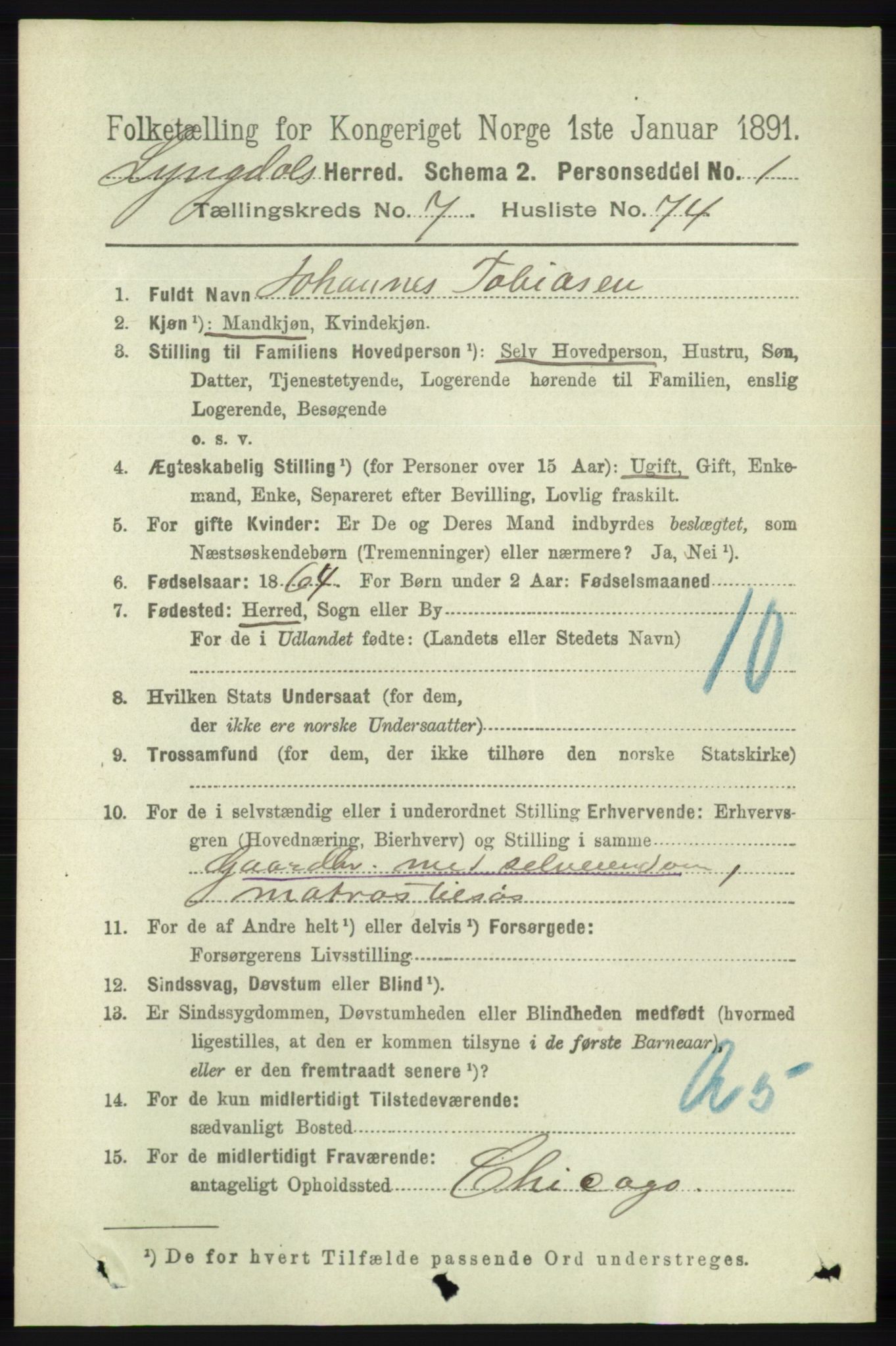 RA, 1891 census for 1032 Lyngdal, 1891, p. 3325