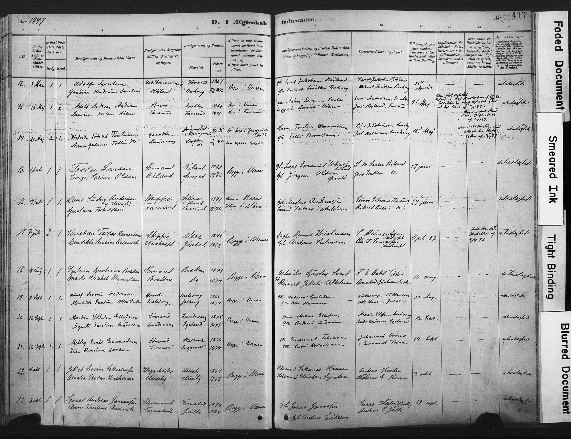 Lista sokneprestkontor, AV/SAK-1111-0027/F/Fa/L0012: Parish register (official) no. A 12, 1879-1903, p. 417