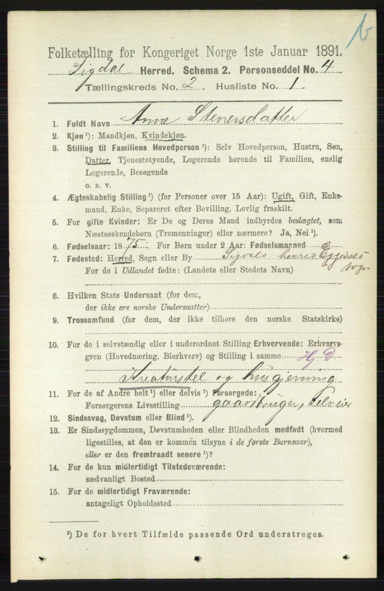 RA, 1891 census for 0621 Sigdal, 1891, p. 3921