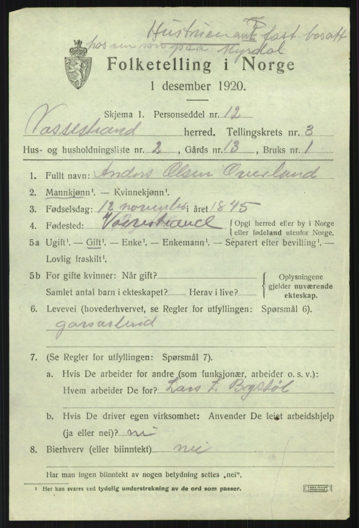 SAB, 1920 census for Vossestrand, 1920, p. 1464