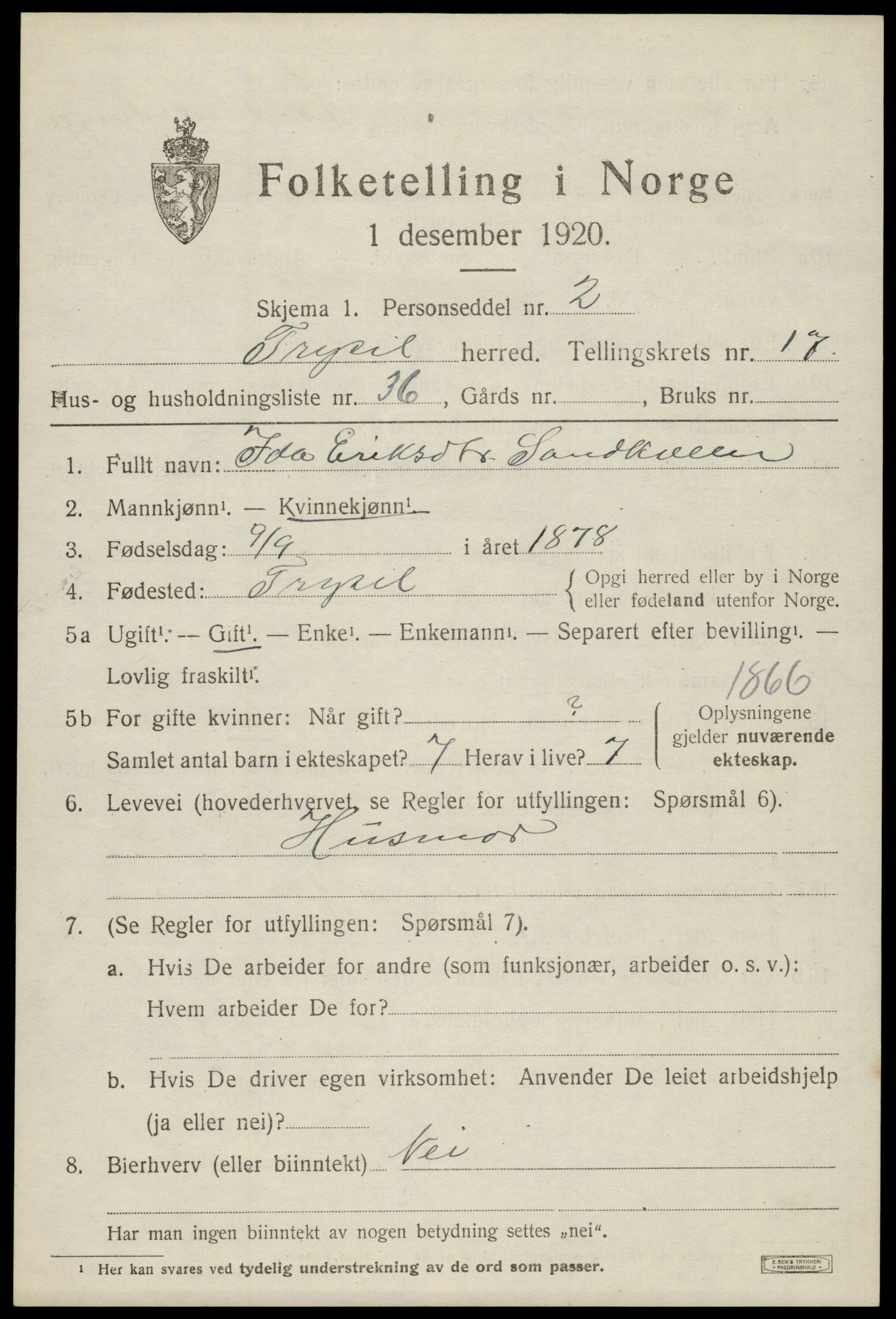 SAH, 1920 census for Trysil, 1920, p. 10609