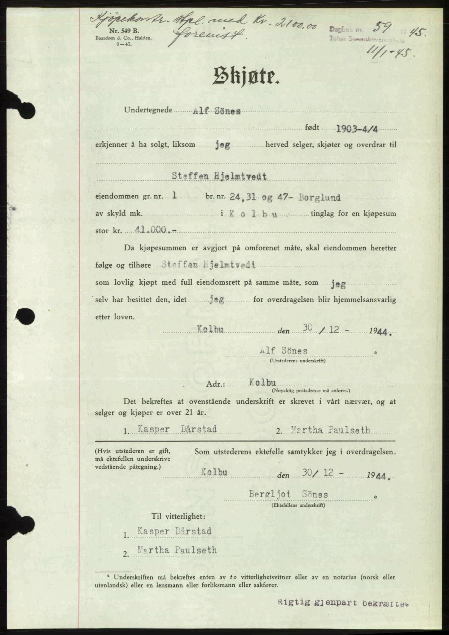 Toten tingrett, SAH/TING-006/H/Hb/Hbc/L0013: Mortgage book no. Hbc-13, 1945-1945, Diary no: : 59/1945