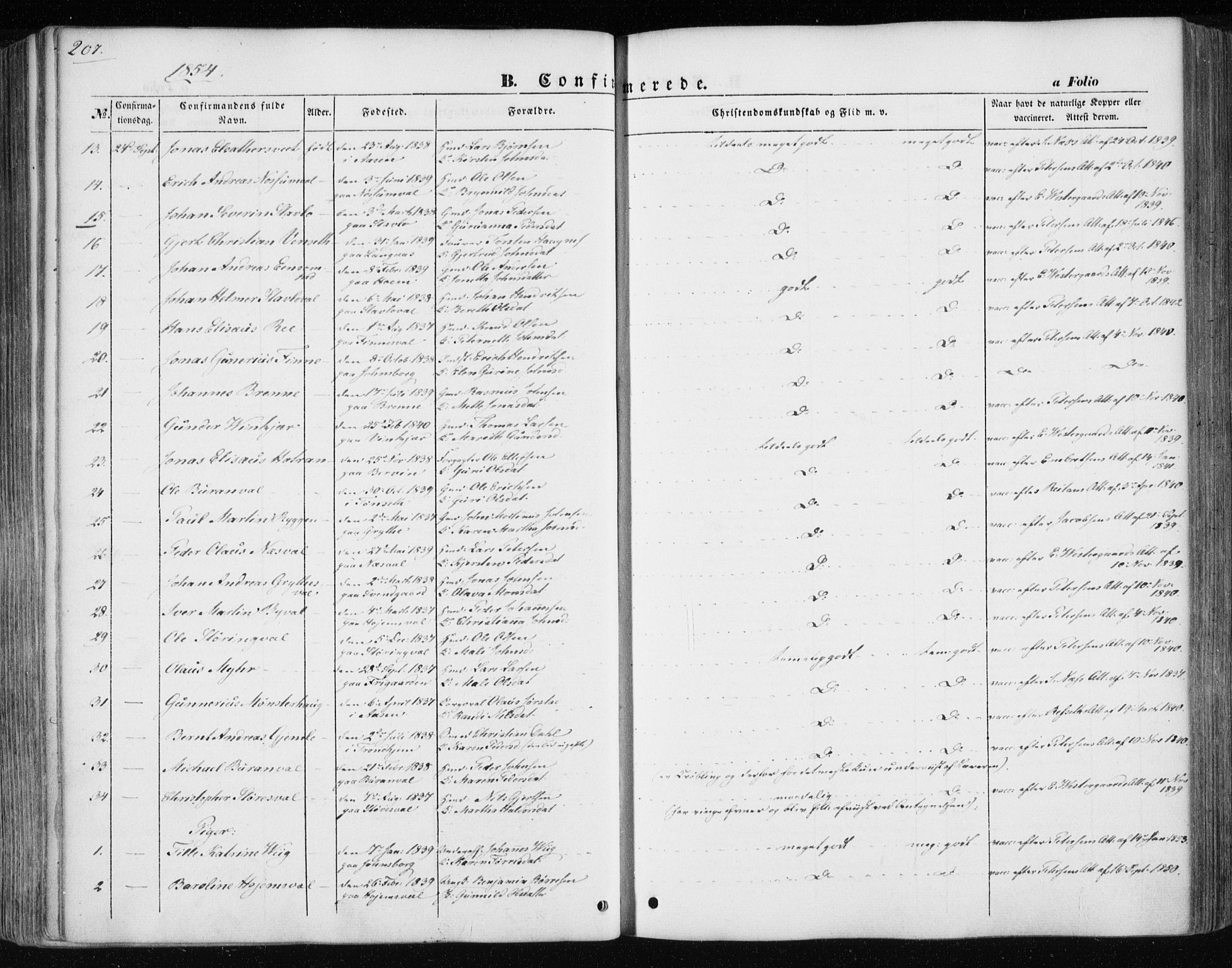 Ministerialprotokoller, klokkerbøker og fødselsregistre - Nord-Trøndelag, AV/SAT-A-1458/717/L0154: Parish register (official) no. 717A07 /1, 1850-1862, p. 207