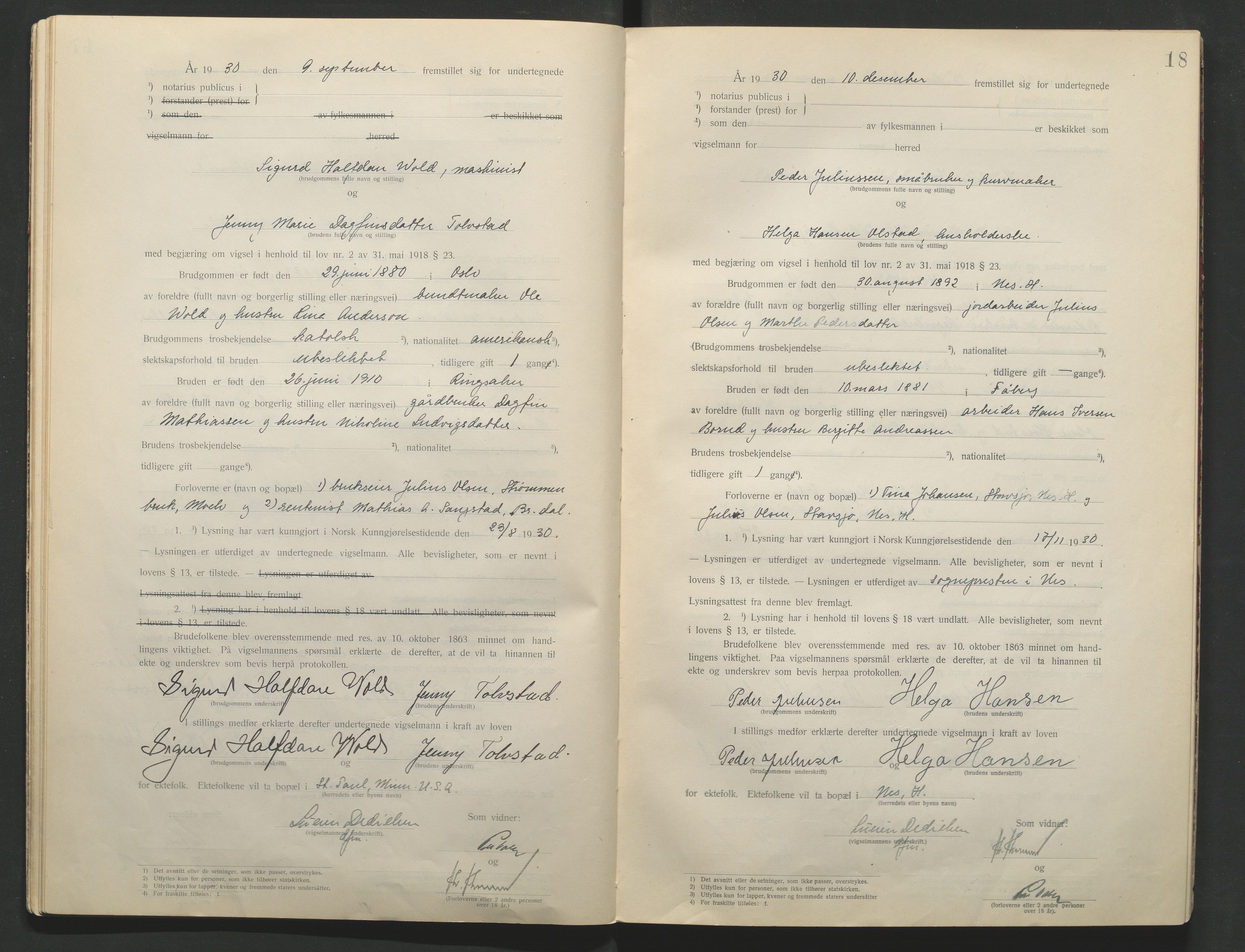 Nord-Hedmark sorenskriveri, AV/SAH-TING-012/L/Lc/L0001/0001: Vigselsprotokoller / Vigselsprotokoll, 1920-1942, p. 18