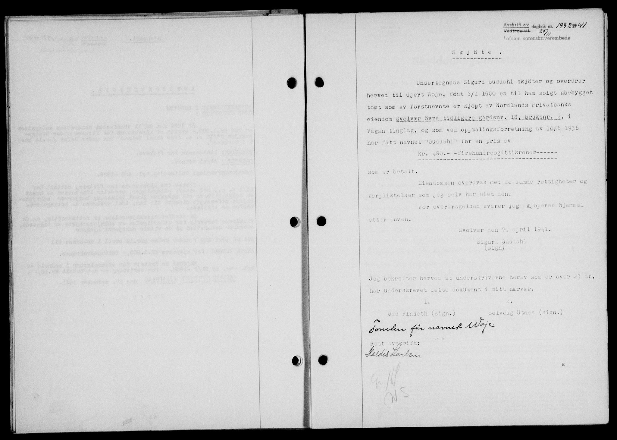 Lofoten sorenskriveri, SAT/A-0017/1/2/2C/L0009a: Mortgage book no. 9a, 1941-1942, Diary no: : 1992/1941
