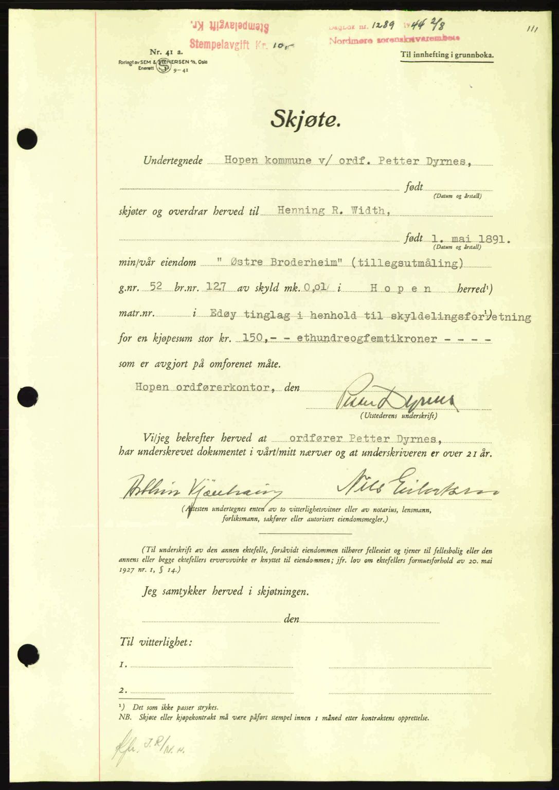 Nordmøre sorenskriveri, AV/SAT-A-4132/1/2/2Ca: Mortgage book no. A98, 1944-1944, Diary no: : 1289/1944