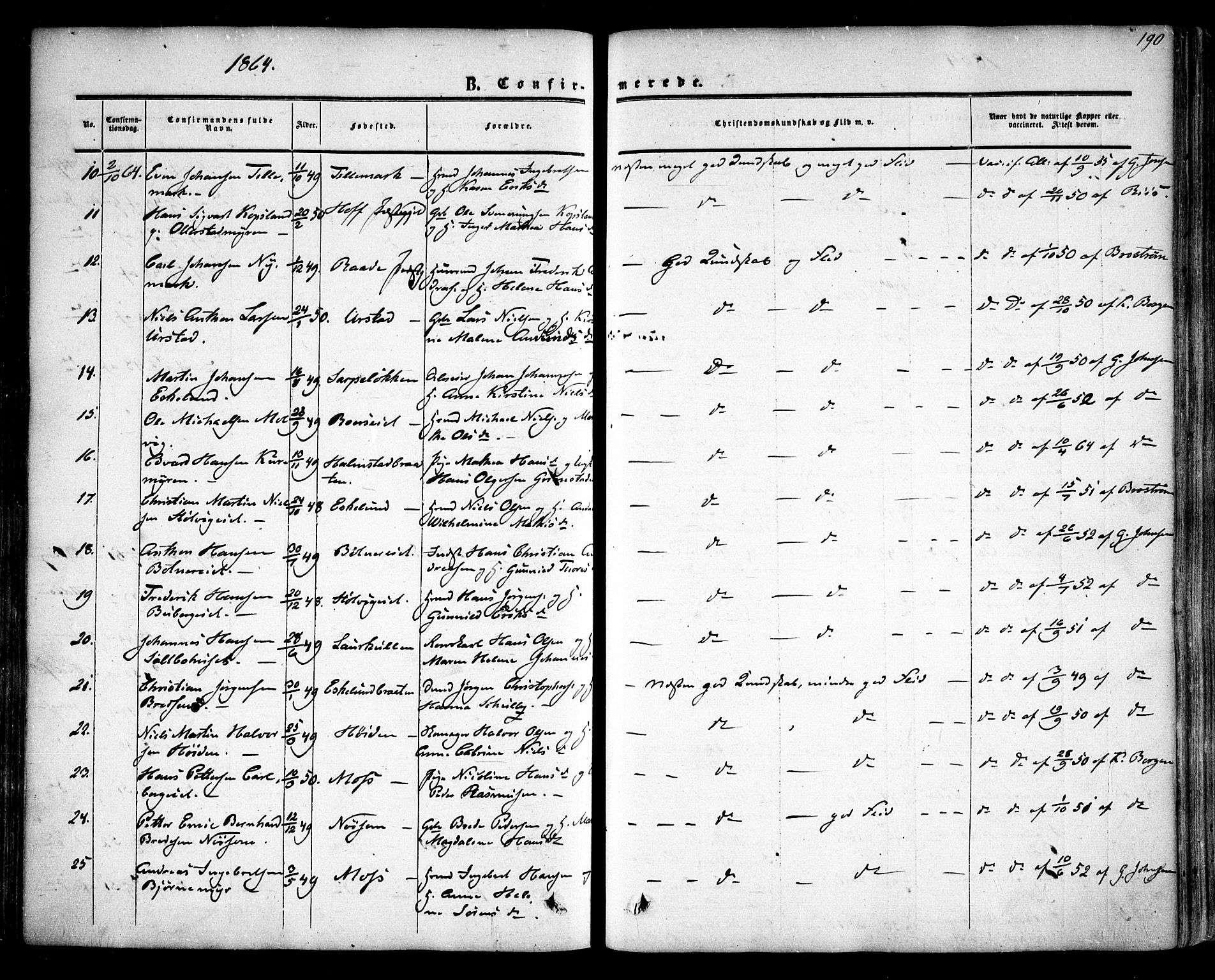 Rygge prestekontor Kirkebøker, SAO/A-10084b/F/Fa/L0005: Parish register (official) no. 5, 1852-1871, p. 190