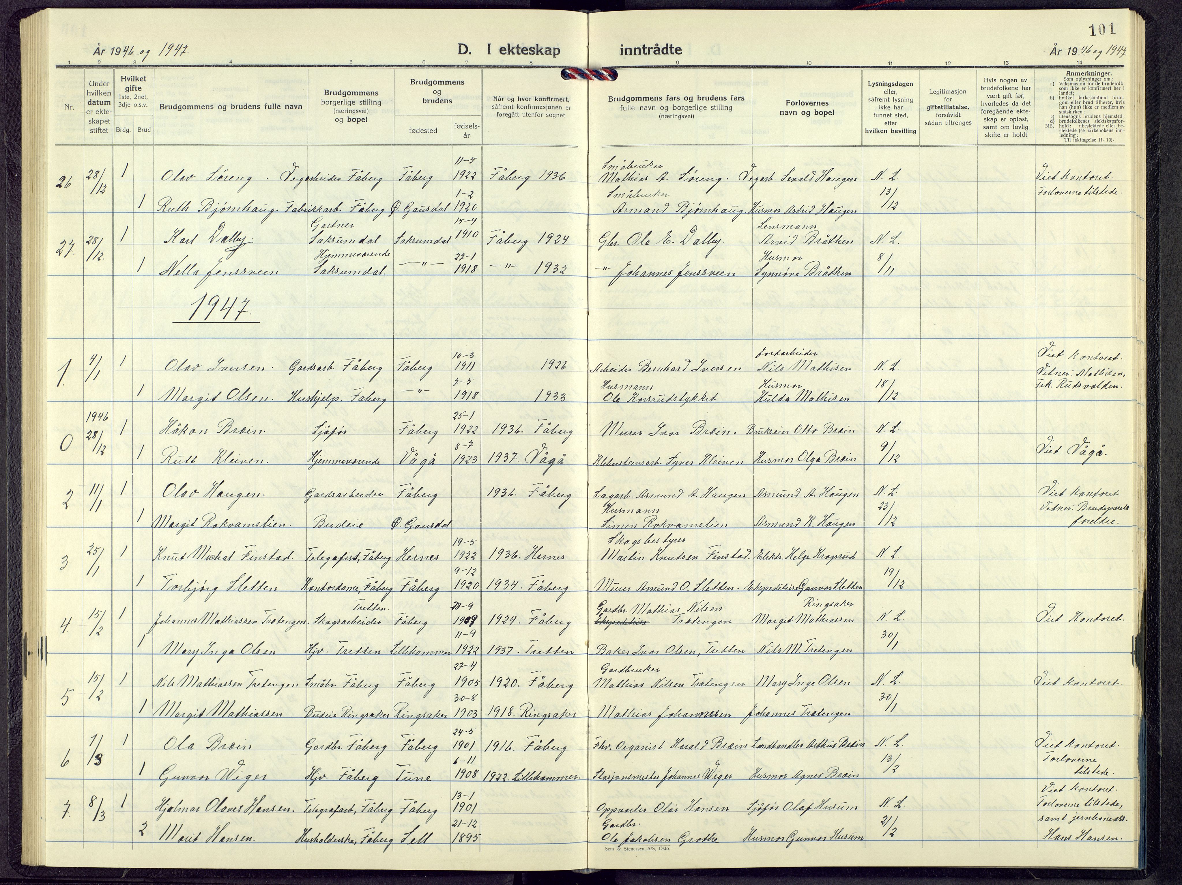 Fåberg prestekontor, AV/SAH-PREST-086/H/Ha/Hab/L0017: Parish register (copy) no. 17, 1946-1970, p. 101