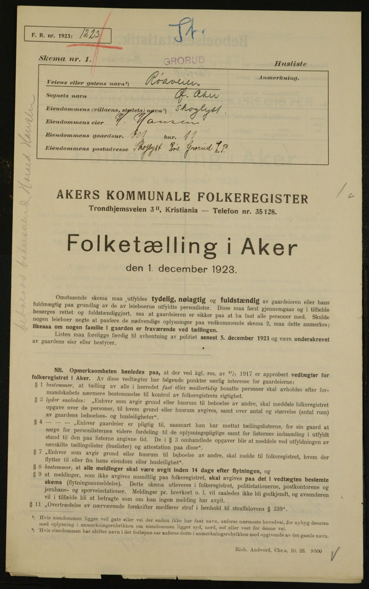 , Municipal Census 1923 for Aker, 1923, p. 30153