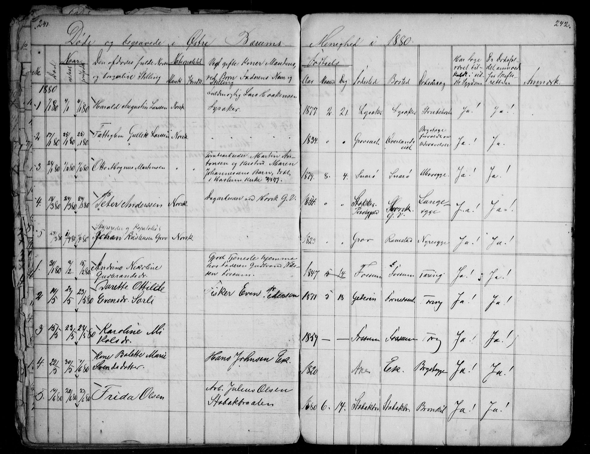 Asker prestekontor Kirkebøker, SAO/A-10256a/G/Gc/L0002: Parish register (copy) no. III 2, 1874-1883, p. 241-242