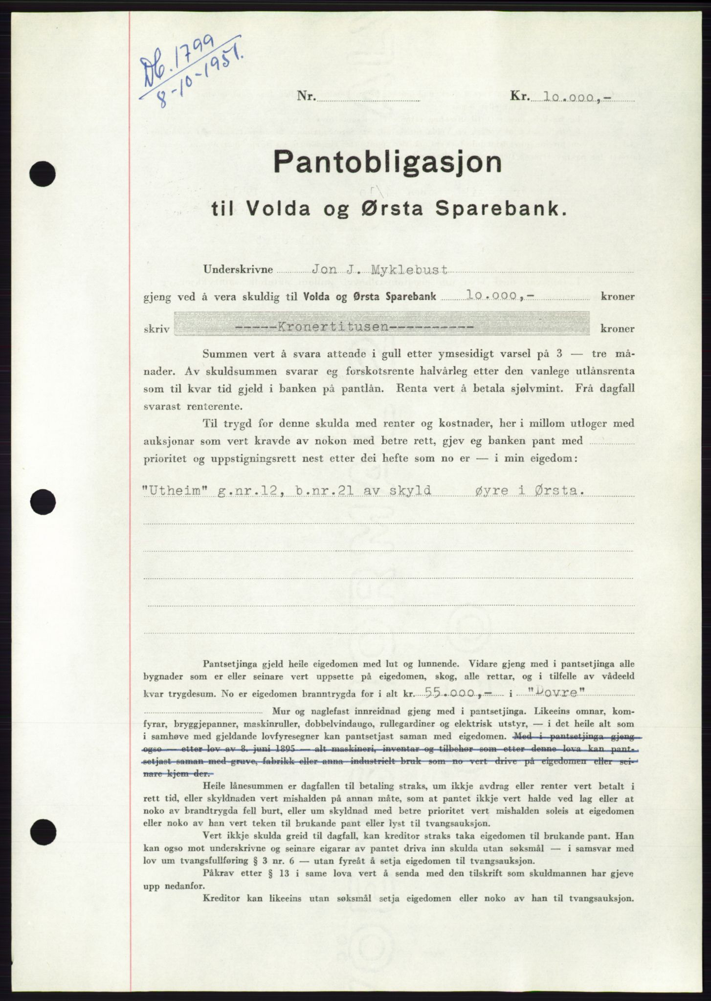 Søre Sunnmøre sorenskriveri, AV/SAT-A-4122/1/2/2C/L0120: Mortgage book no. 8B, 1951-1951, Diary no: : 1799/1951