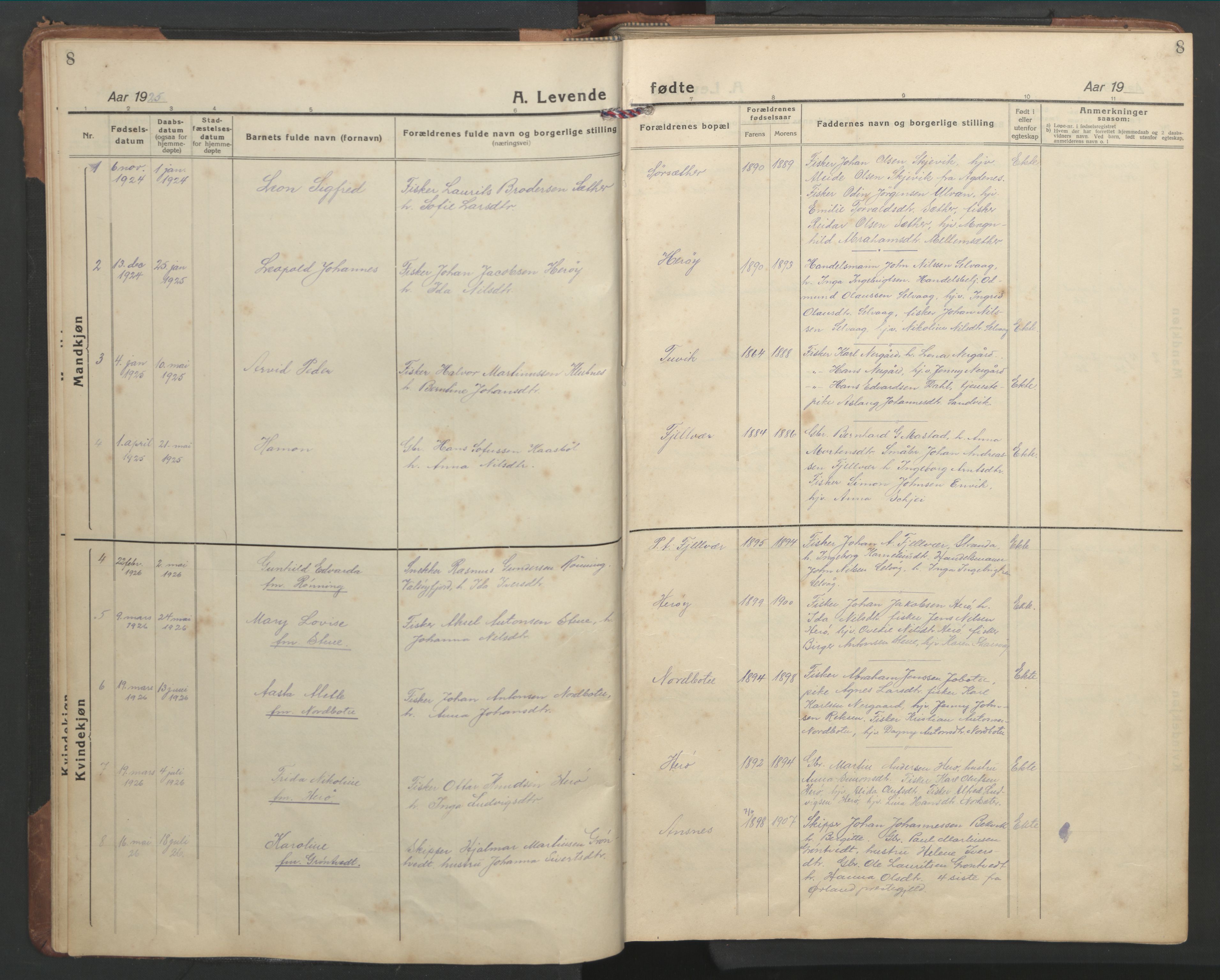 Ministerialprotokoller, klokkerbøker og fødselsregistre - Sør-Trøndelag, SAT/A-1456/638/L0569: Parish register (copy) no. 638C01, 1923-1961, p. 8