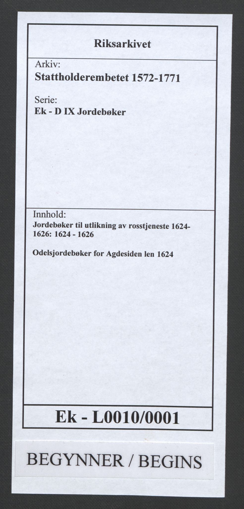 Stattholderembetet 1572-1771, AV/RA-EA-2870/Ek/L0010/0001: Jordebøker til utlikning av rosstjeneste 1624-1626: / Odelsjordebøker for Agdesiden len, 1624, p. 1