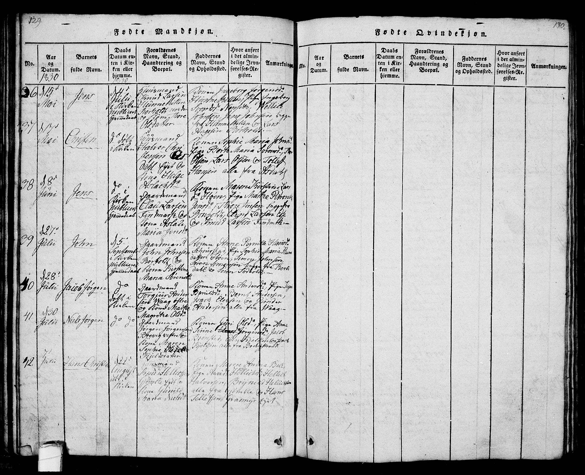 Bamble kirkebøker, AV/SAKO-A-253/G/Ga/L0005: Parish register (copy) no. I 5, 1814-1855, p. 129-130