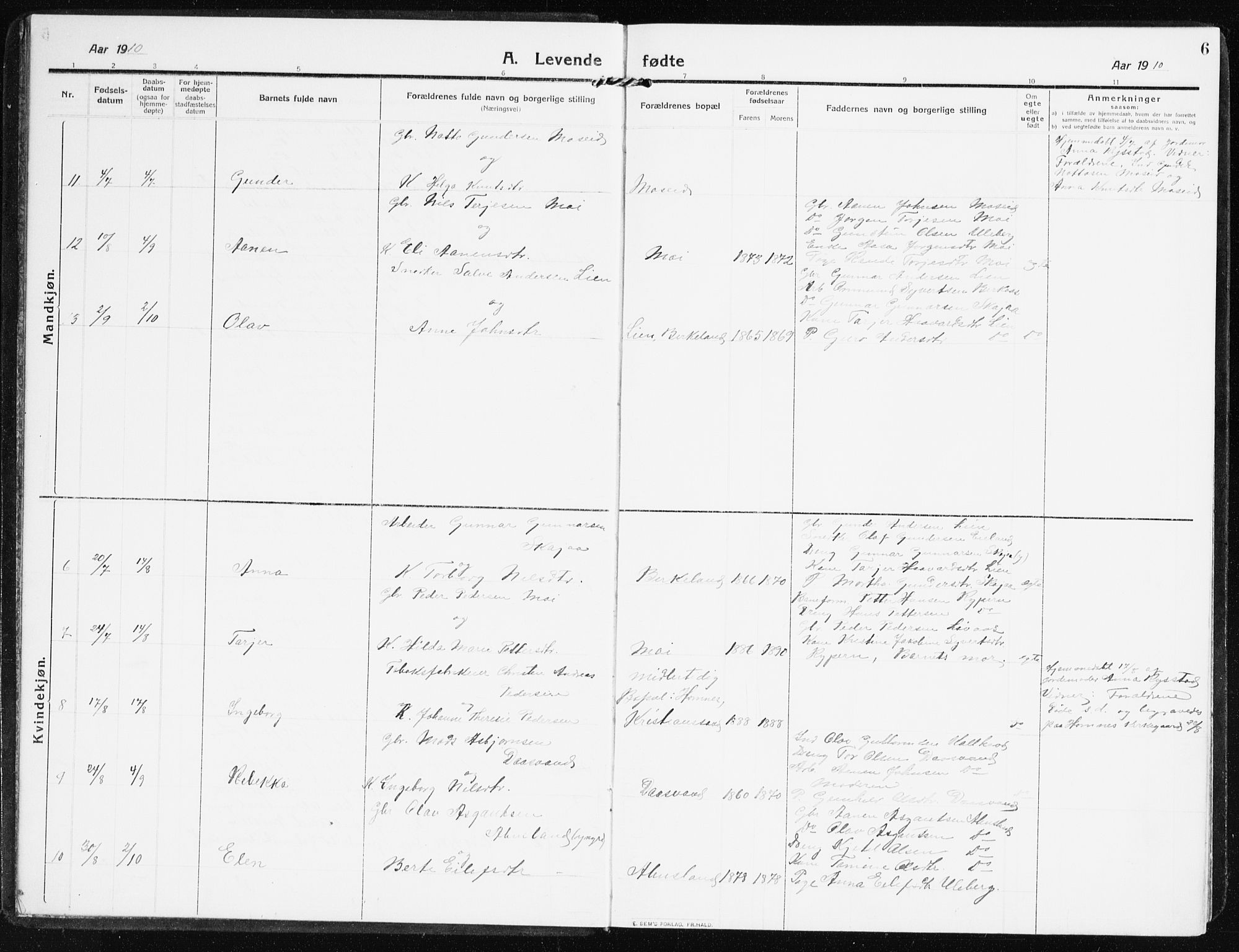 Evje sokneprestkontor, AV/SAK-1111-0008/F/Fb/Fbb/L0003: Parish register (copy) no. B 3, 1910-1933, p. 6