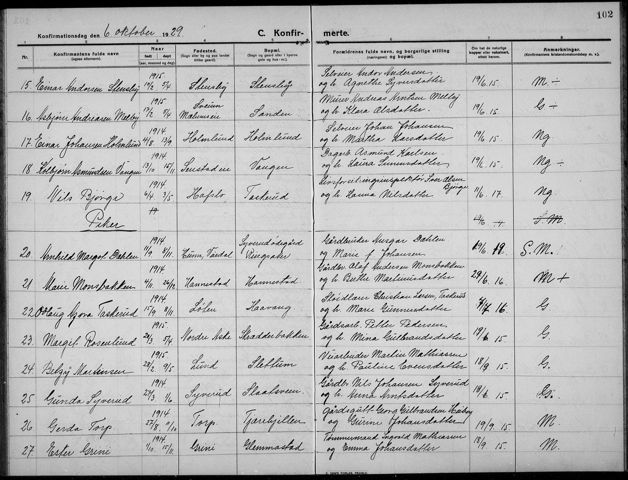 Nes prestekontor, Hedmark, AV/SAH-PREST-020/L/La/L0009: Parish register (copy) no. 9, 1913-1936, p. 102