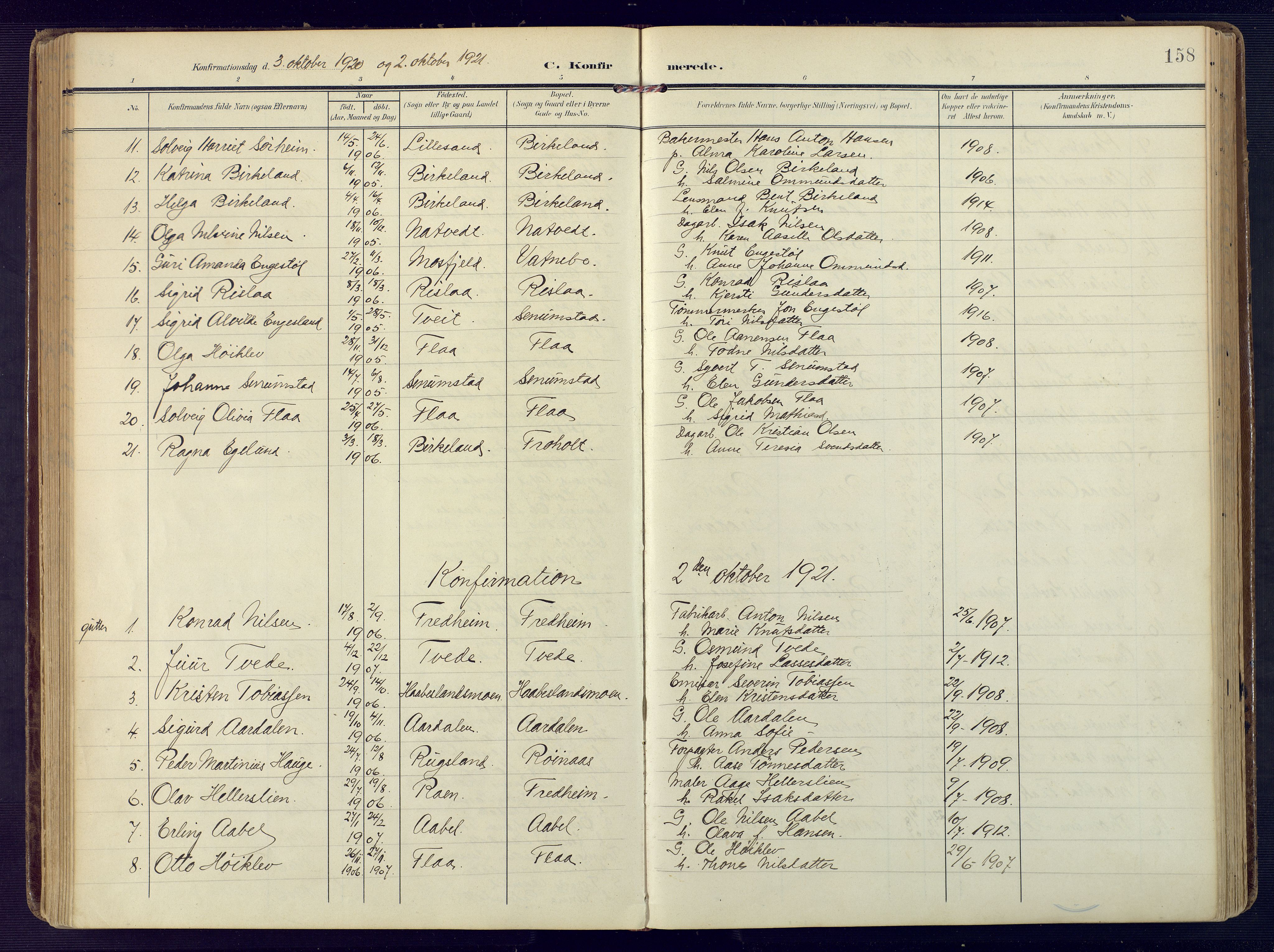 Birkenes sokneprestkontor, SAK/1111-0004/F/Fa/L0006: Parish register (official) no. A 6, 1908-1932, p. 158