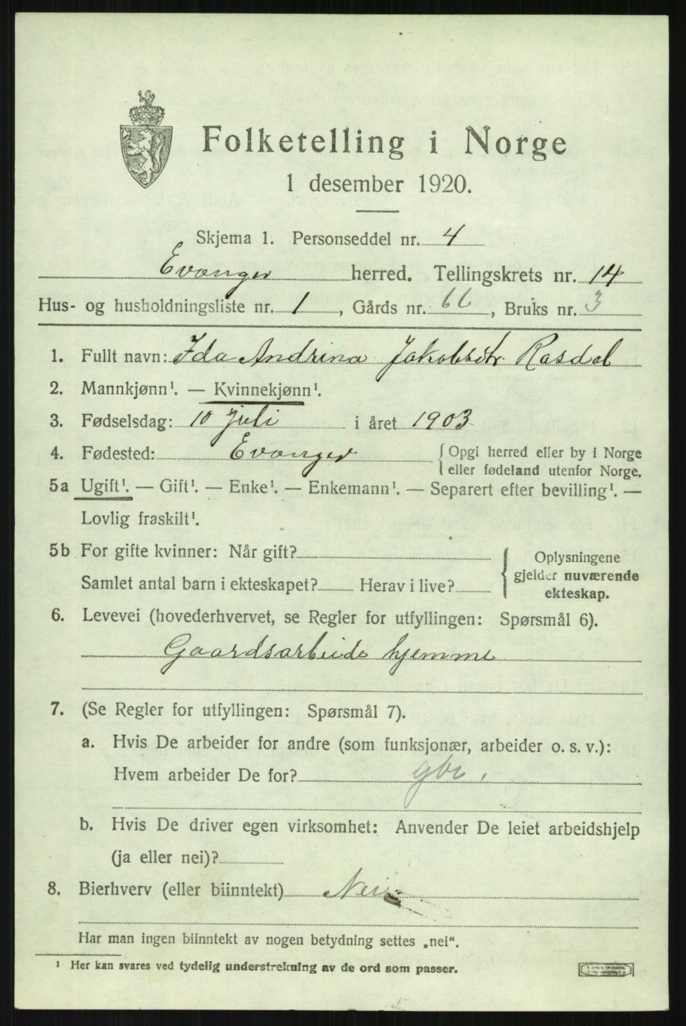 SAB, 1920 census for Evanger, 1920, p. 3975