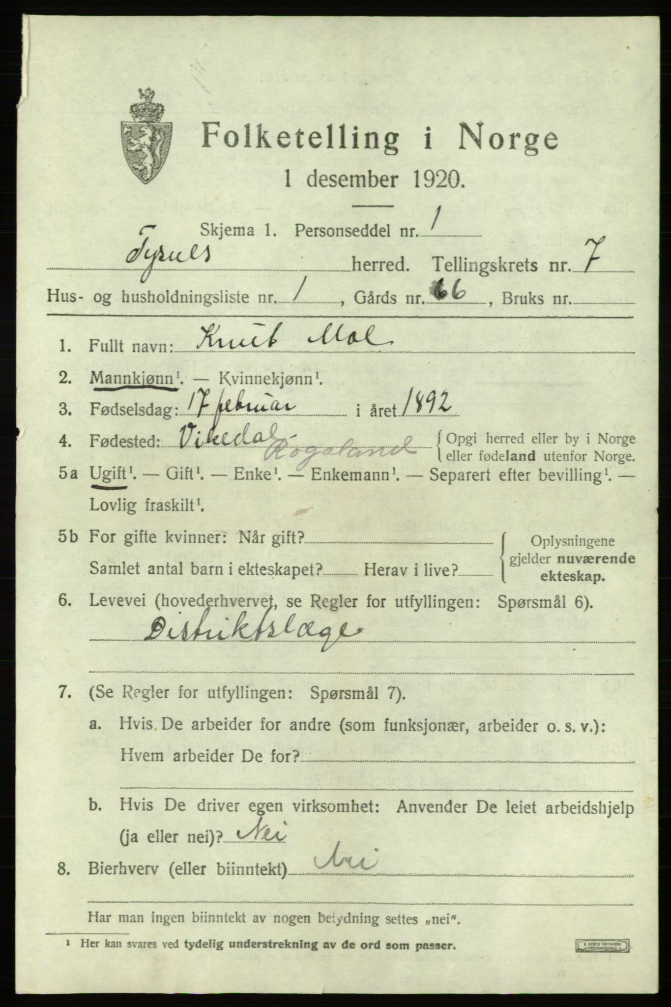 SAB, 1920 census for Tysnes, 1920, p. 4558