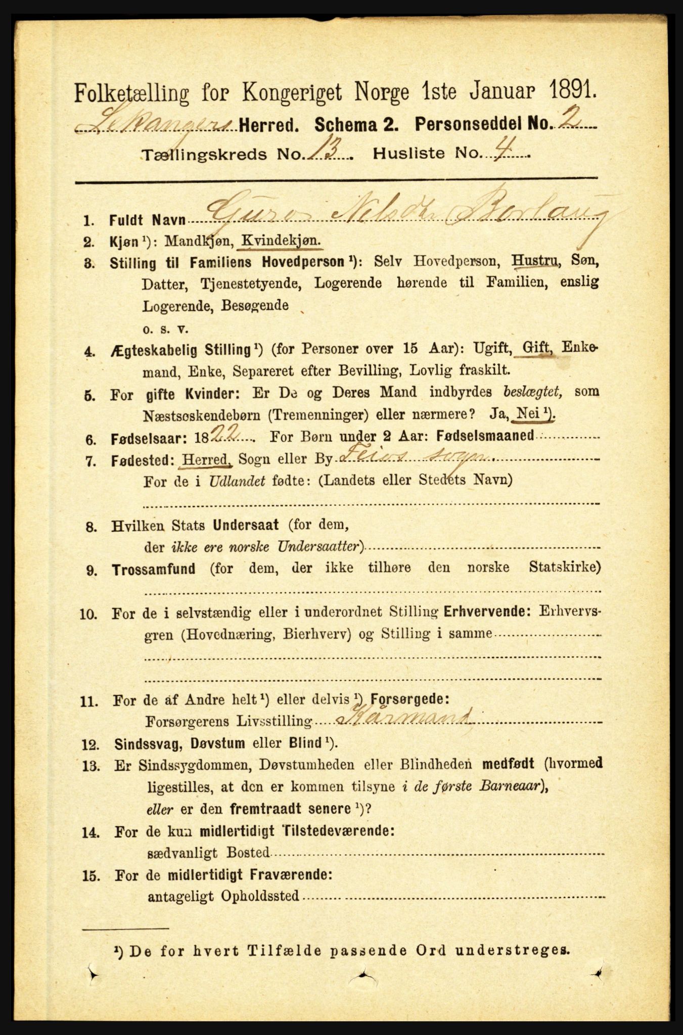 RA, 1891 census for 1419 Leikanger, 1891, p. 2479