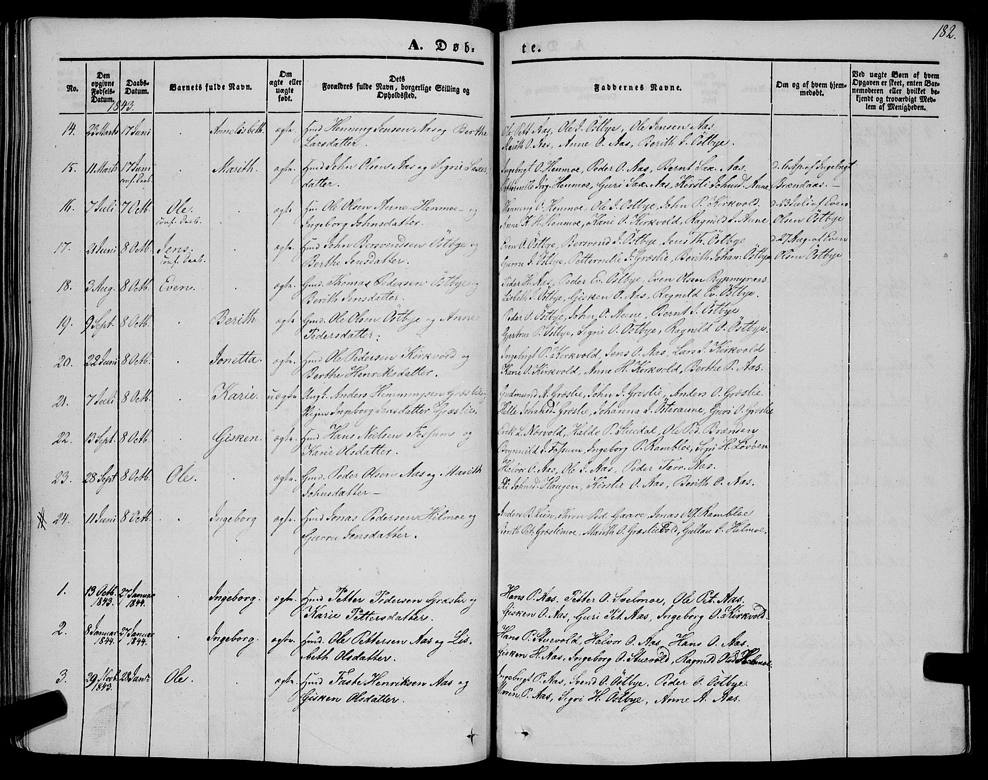 Ministerialprotokoller, klokkerbøker og fødselsregistre - Sør-Trøndelag, SAT/A-1456/695/L1146: Parish register (official) no. 695A06 /2, 1843-1859, p. 182