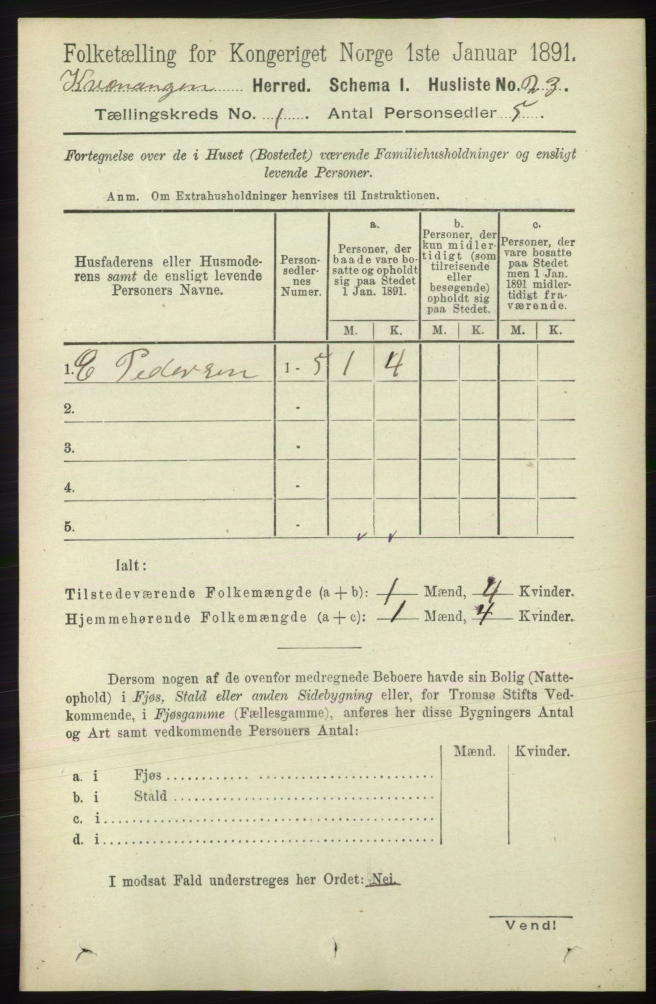 RA, 1891 census for 1943 Kvænangen, 1891, p. 37